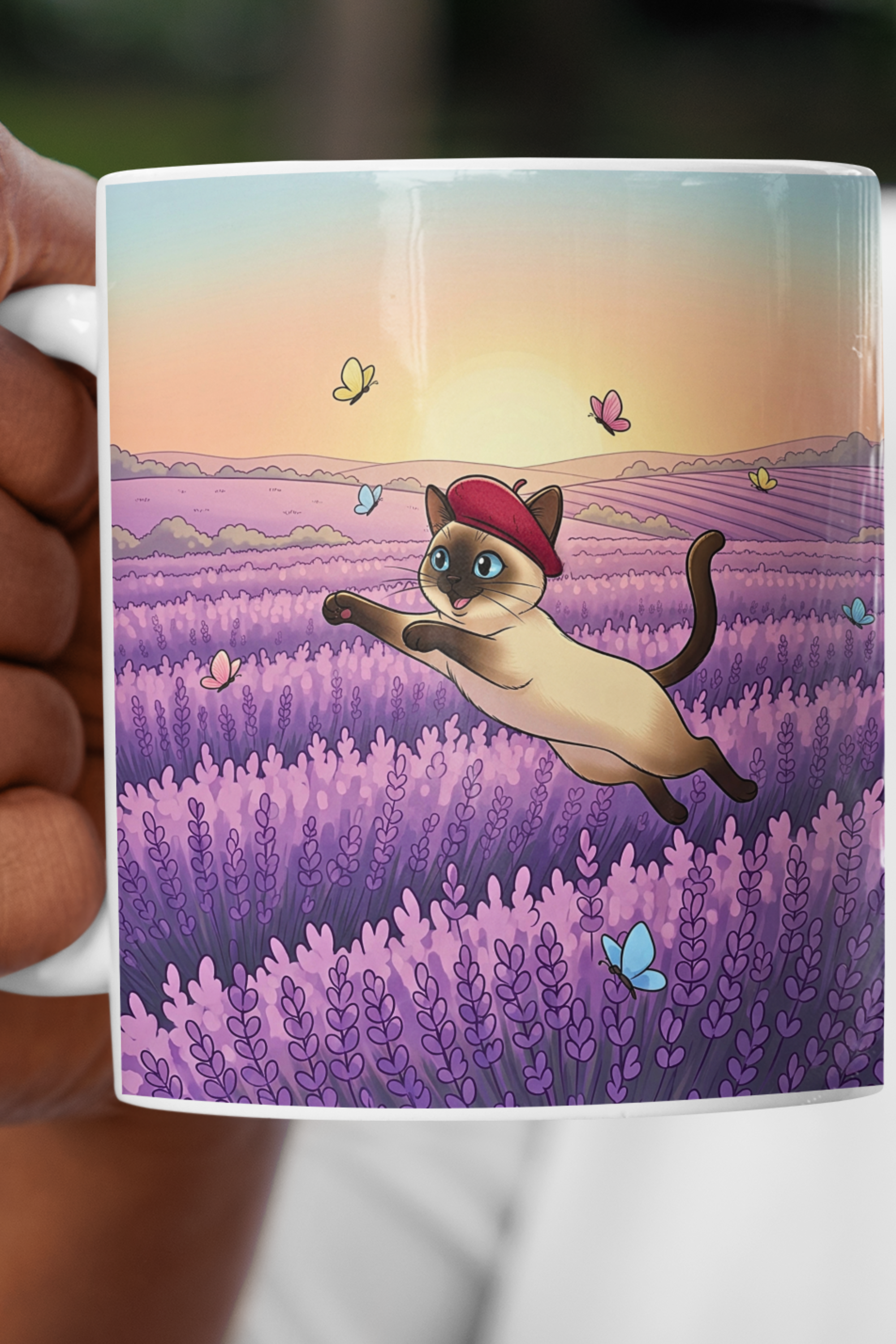 Siamese Cat in French Lavender Field Sunrise Ceramic Mug (11oz, 15oz) | Cat Chases Butterflies in Sunlit Meadow | Cute Cat Lovers Graphic | Funny Kitty Coffee &amp; Tea Cup  product thumbnail image
