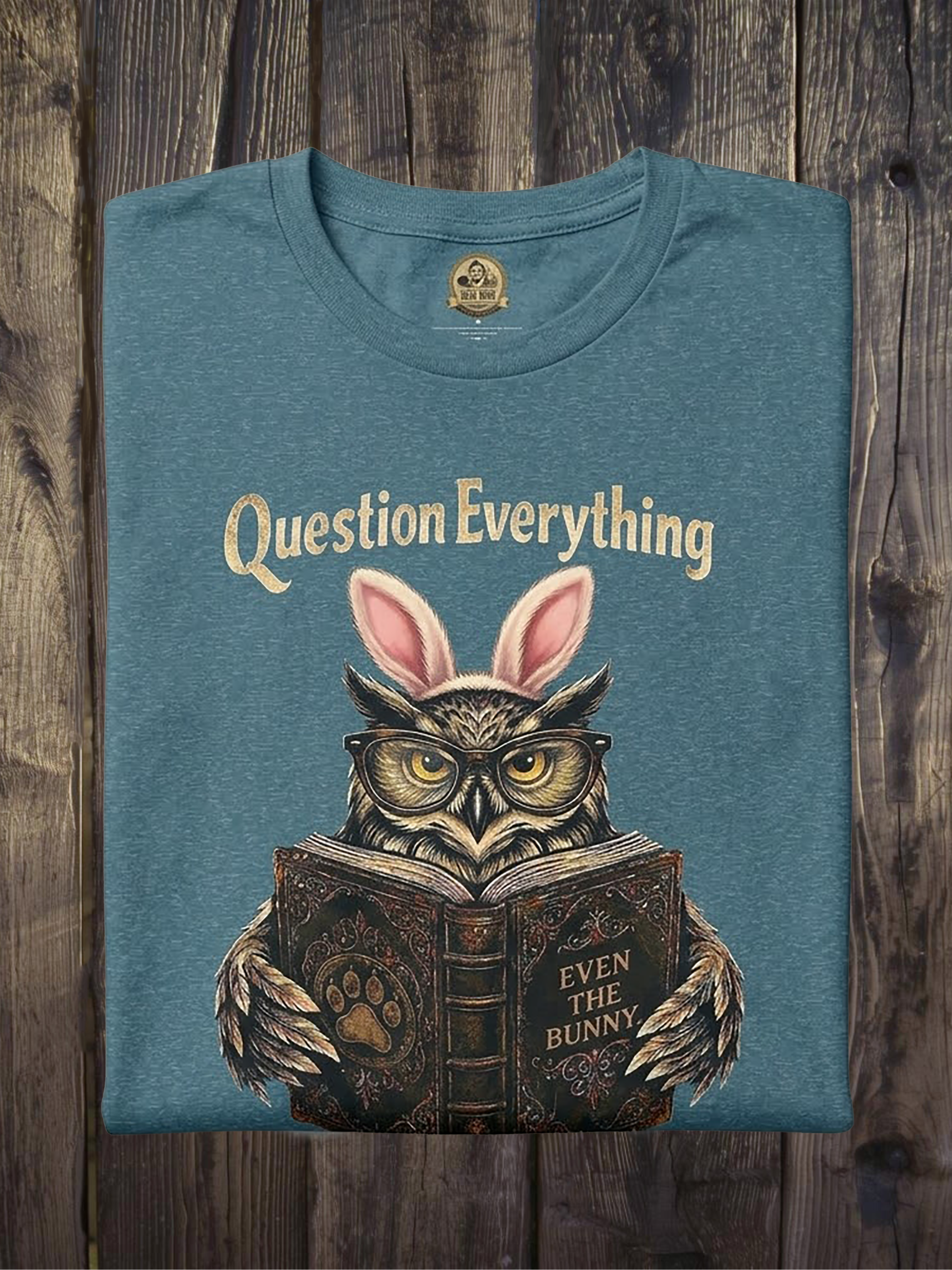 Question Everything Owl Tee — Vintage Owl Reading Graphic T-Shirt product thumbnail image