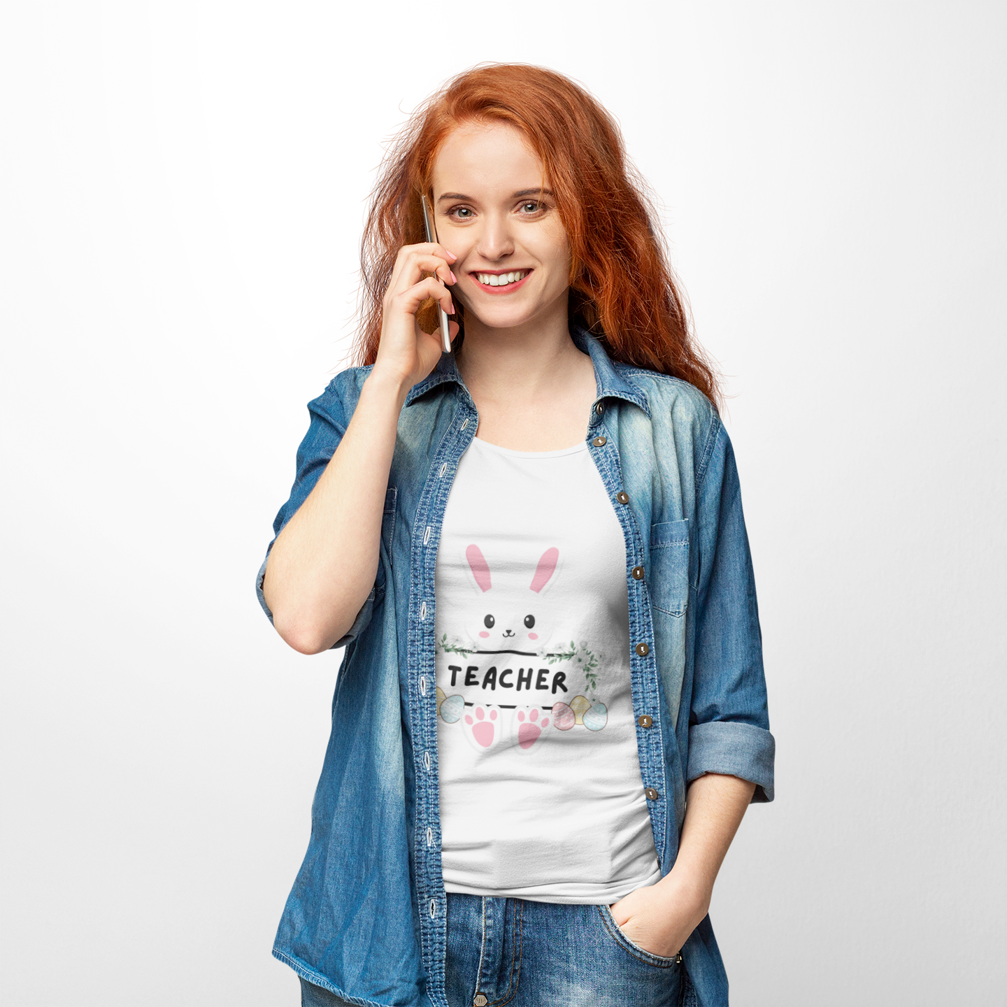 Easter Bunny Teacher T‑Shirt — Cute Floral Bunny ‘Teacher’ Tee for Spring Gifts product thumbnail image