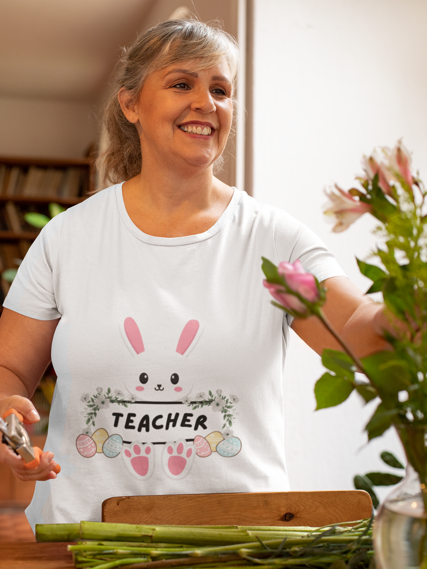 Easter Bunny Teacher T‑Shirt — Cute Floral Bunny ‘Teacher’ Tee for Spring Gifts product thumbnail image