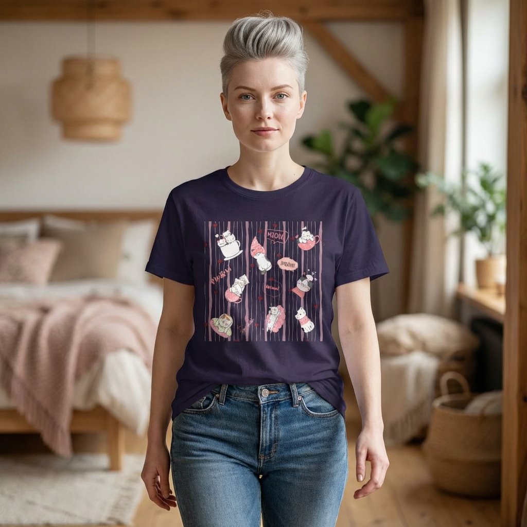 Cute Kawaii Cat Pattern T-Shirt — Pink Sushi Cats Graphic Tee product thumbnail image