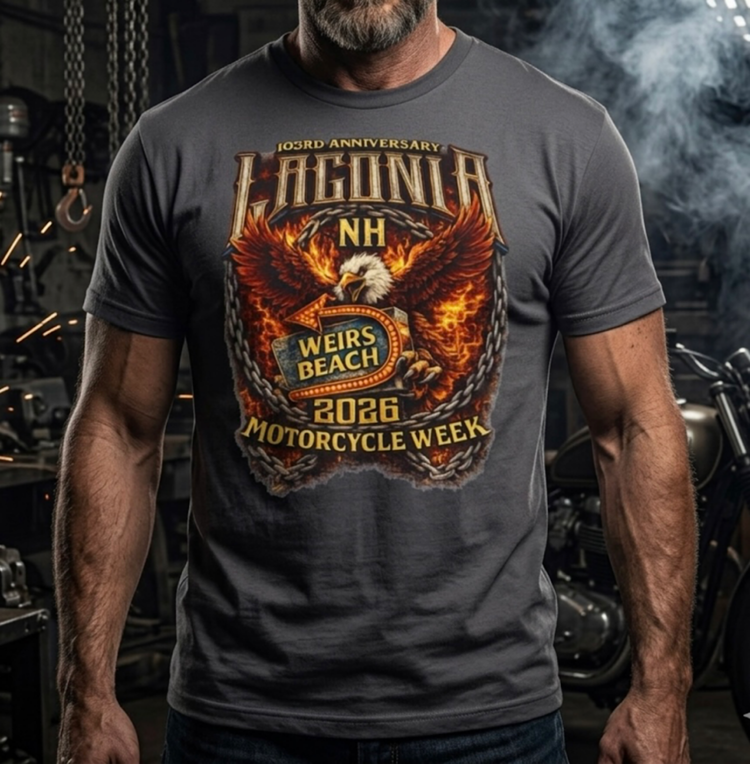 Weirs Beach Laconia NH Motorcycle Bike Week 2026 Tee | Eagle, Flaming Chain  product thumbnail image