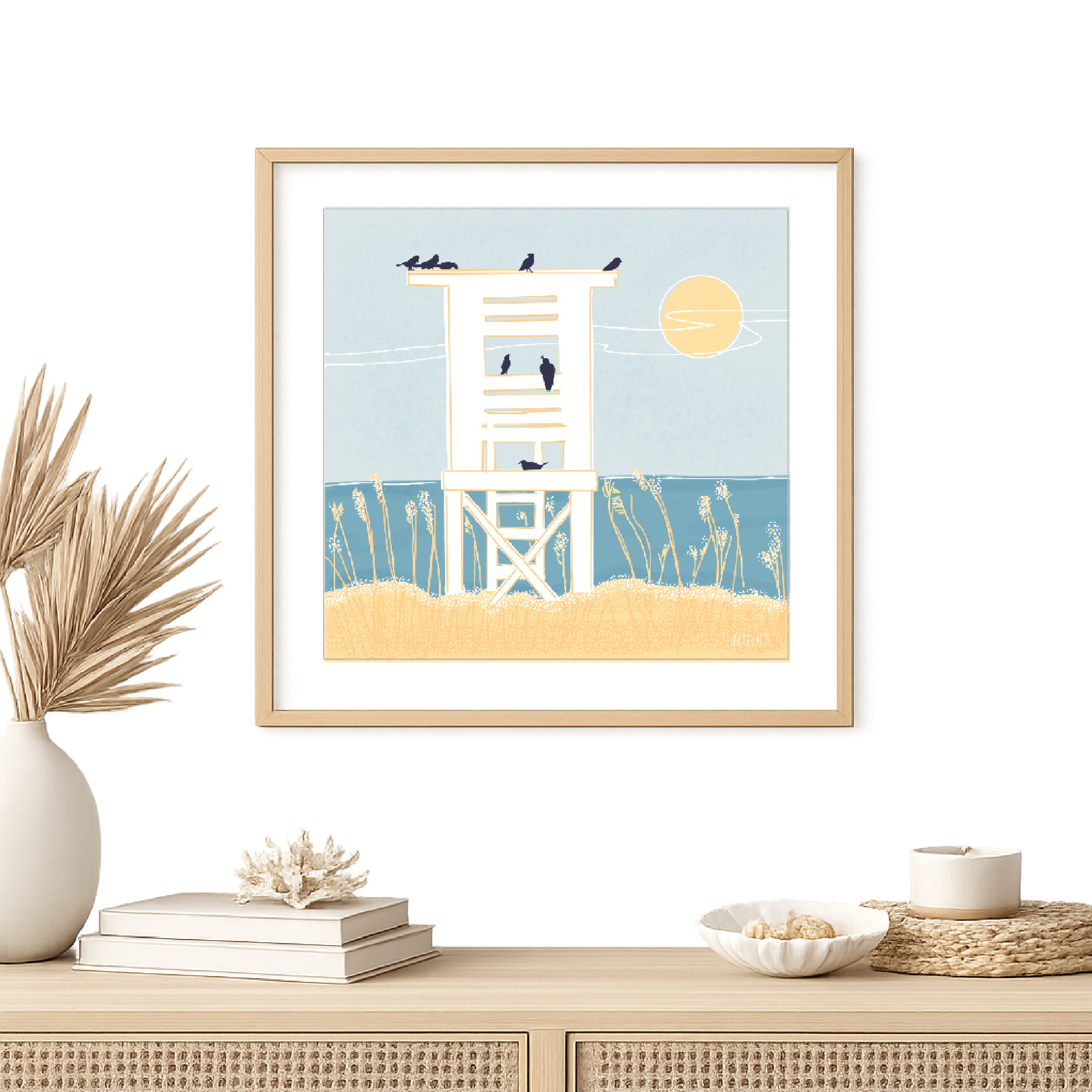 Coastal Lifeguard Stand Poster Matte Horizontal Beach Print | Seaside Sun and Birds product thumbnail image Coastal Lifeguard Stand Poster Matte Horizontal Beach Print | Seaside Sun and Birds product thumbnail image
