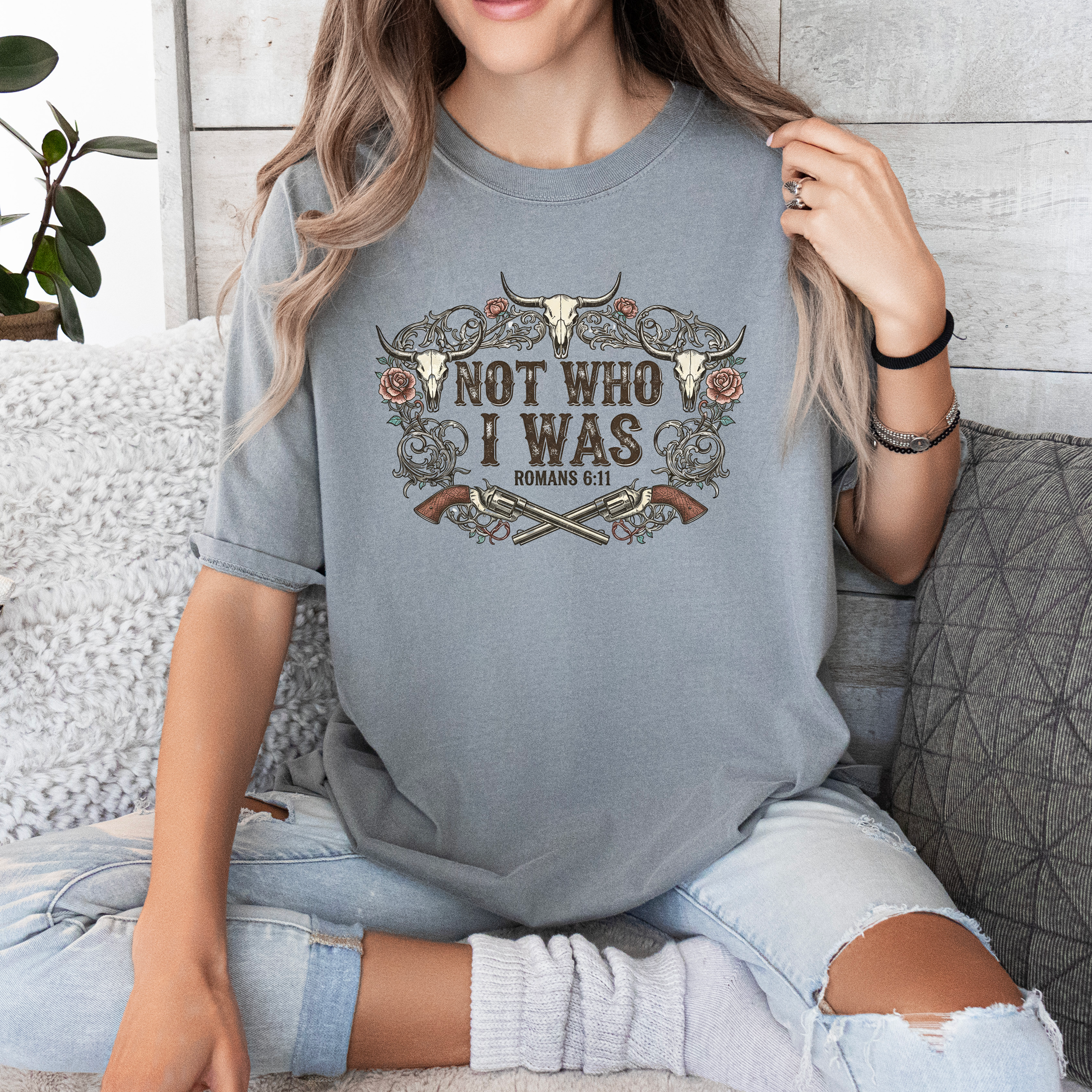 Not Who I Was Romans 6:11 Christian T-Shirt product thumbnail image Not Who I Was Romans 6:11 Christian T-Shirt product thumbnail image