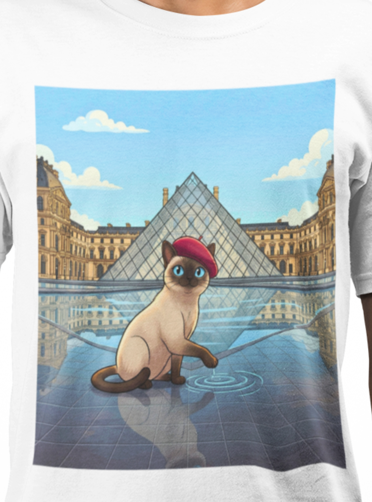 Siamese Cat at Louvre Museum Courtyard Pyramid Reflection Pool | Comfort Colors Unisex T-Shirt | Cute Parisian Travel Cat Lovers Graphic Tee | Funny Kitty