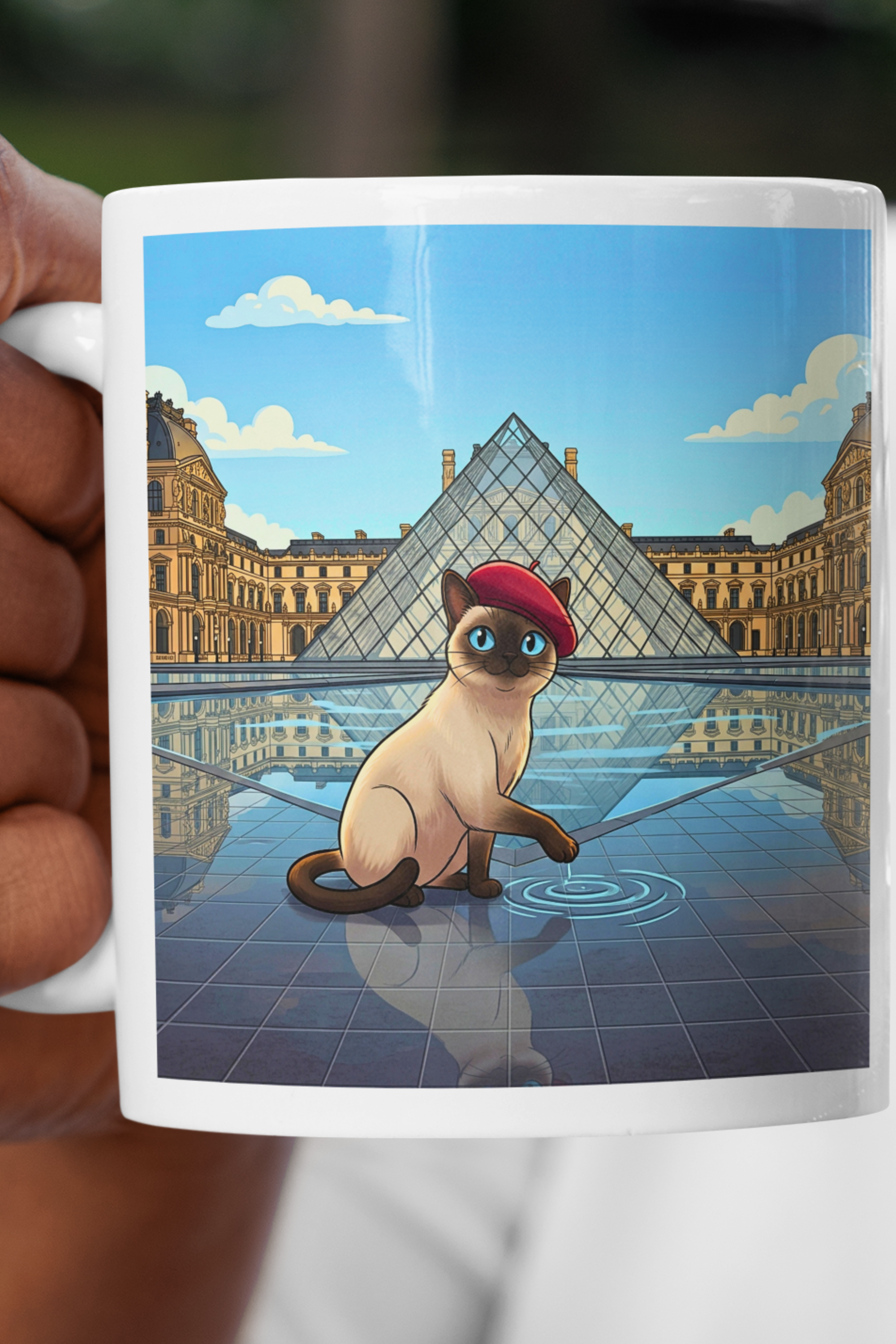 Siamese Cat Ceramic Mug | Louvre Museum Cute Cat Scene | Cat Lovers Paris Travel Vintage Cityscape Tea &amp; Coffee Cup (11oz &amp; 15oz)