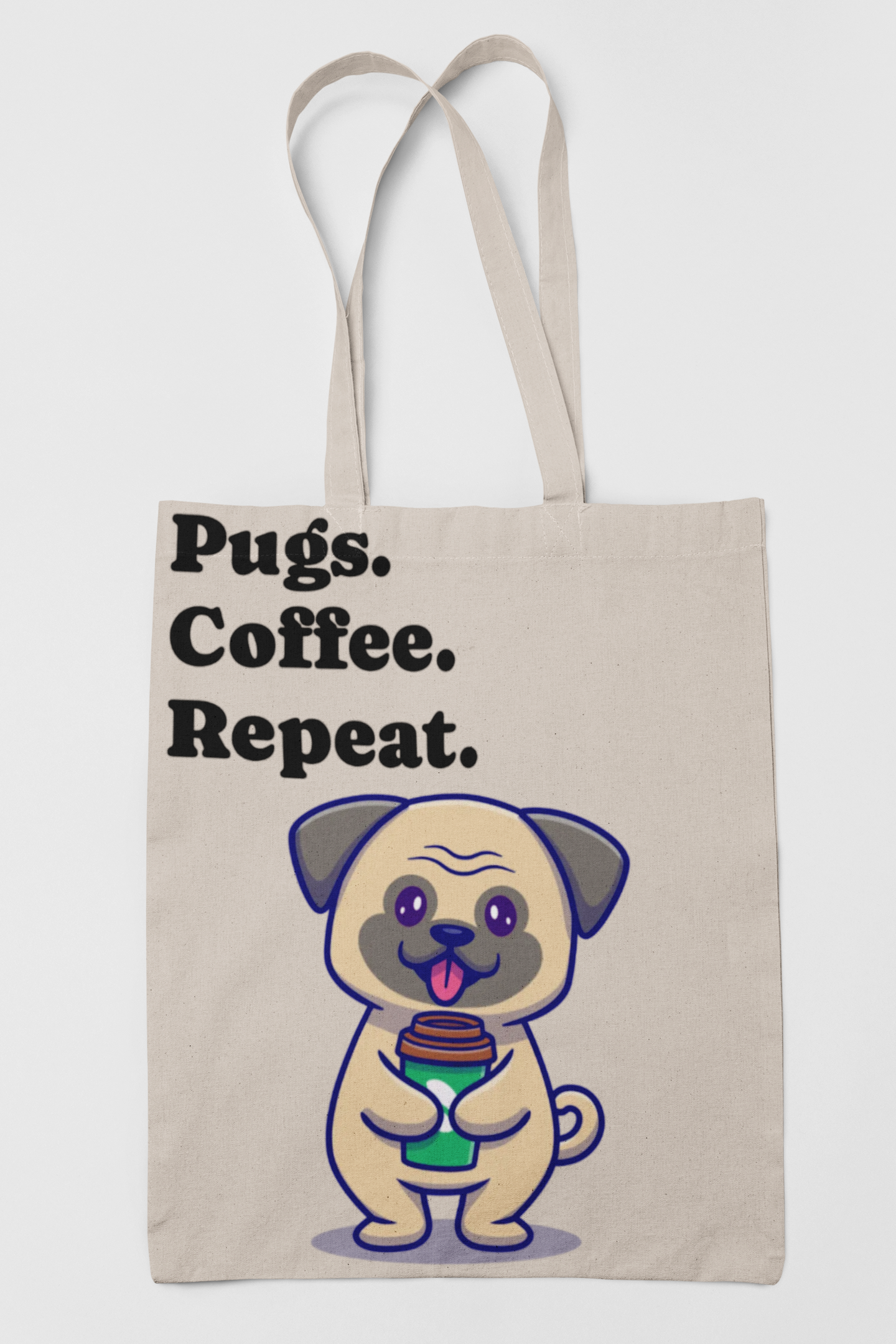 Pugs, Coffee, Repeat Tote Bag — Cute Pug Canvas Shopping Tote product thumbnail image