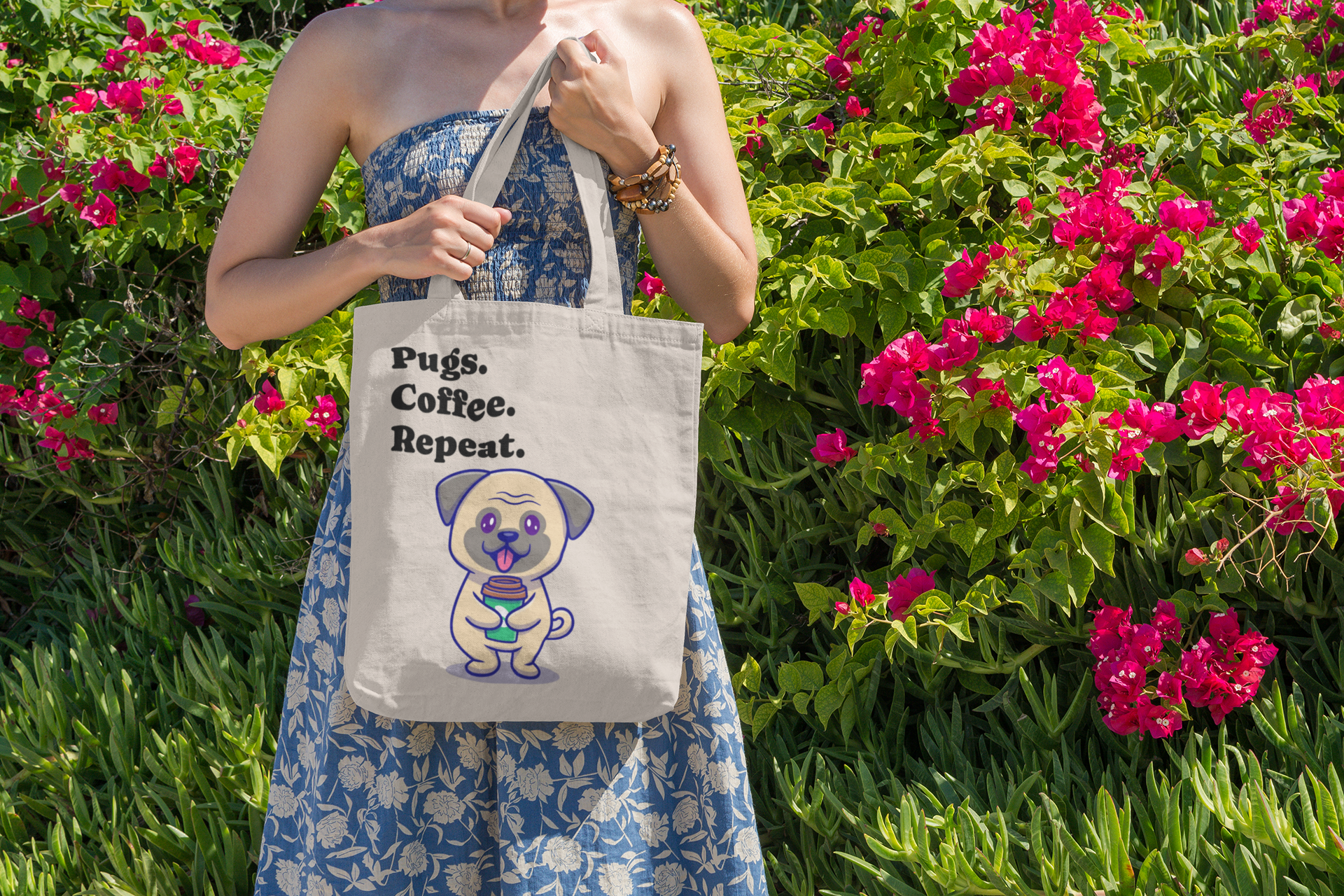 Pugs, Coffee, Repeat Tote Bag — Cute Pug Canvas Shopping Tote product thumbnail image