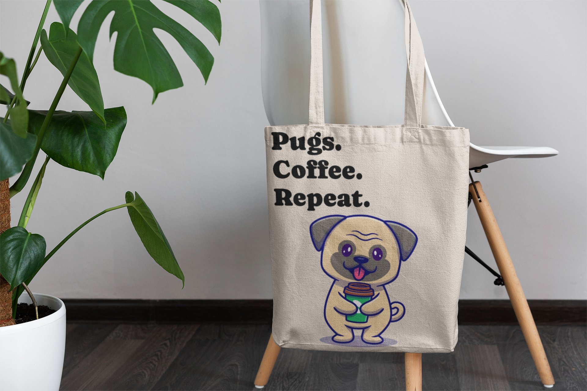 Pugs, Coffee, Repeat Tote Bag — Cute Pug Canvas Shopping Tote product thumbnail image Pugs, Coffee, Repeat Tote Bag — Cute Pug Canvas Shopping Tote product thumbnail image
