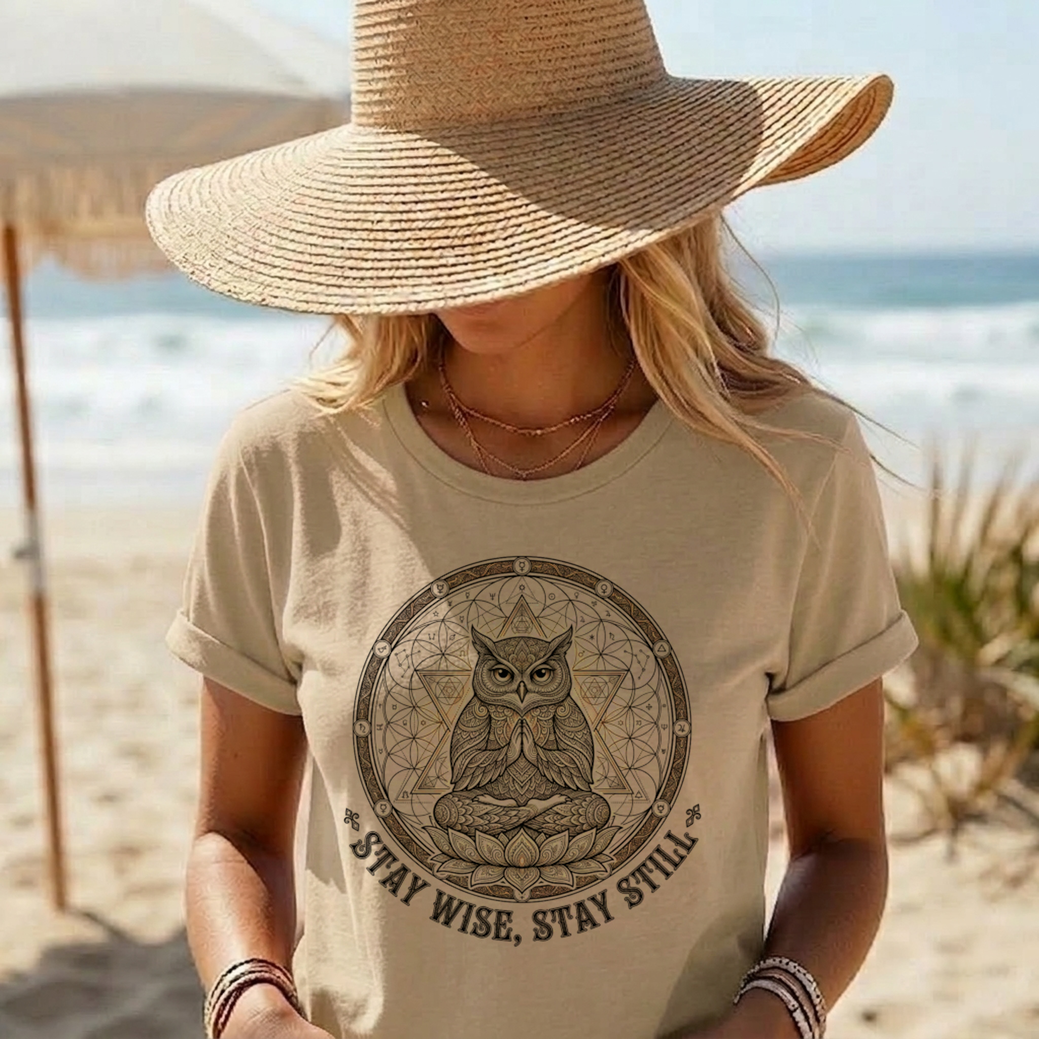 Meditating Owl Lotus Flower Shirt | Stay Wise, Stay Still | Merkabah Star Tetrahedron Apparel