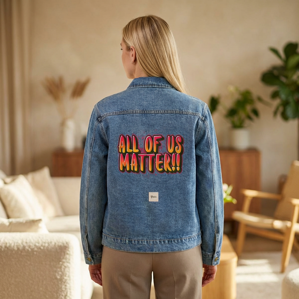 ALL OF US MATTER Denim Jacket | Colorful Back Graphic | Unisex Classic Fit | Statement Outerwear | LifeCoachDesigns.shop product thumbnail image