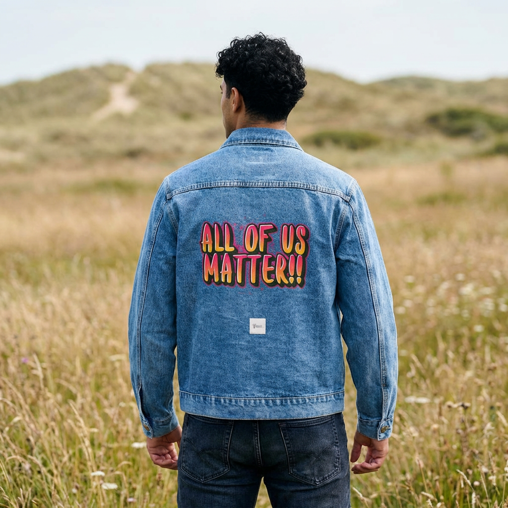ALL OF US MATTER Denim Jacket | Colorful Back Graphic | Unisex Classic Fit | Statement Outerwear | LifeCoachDesigns.shop