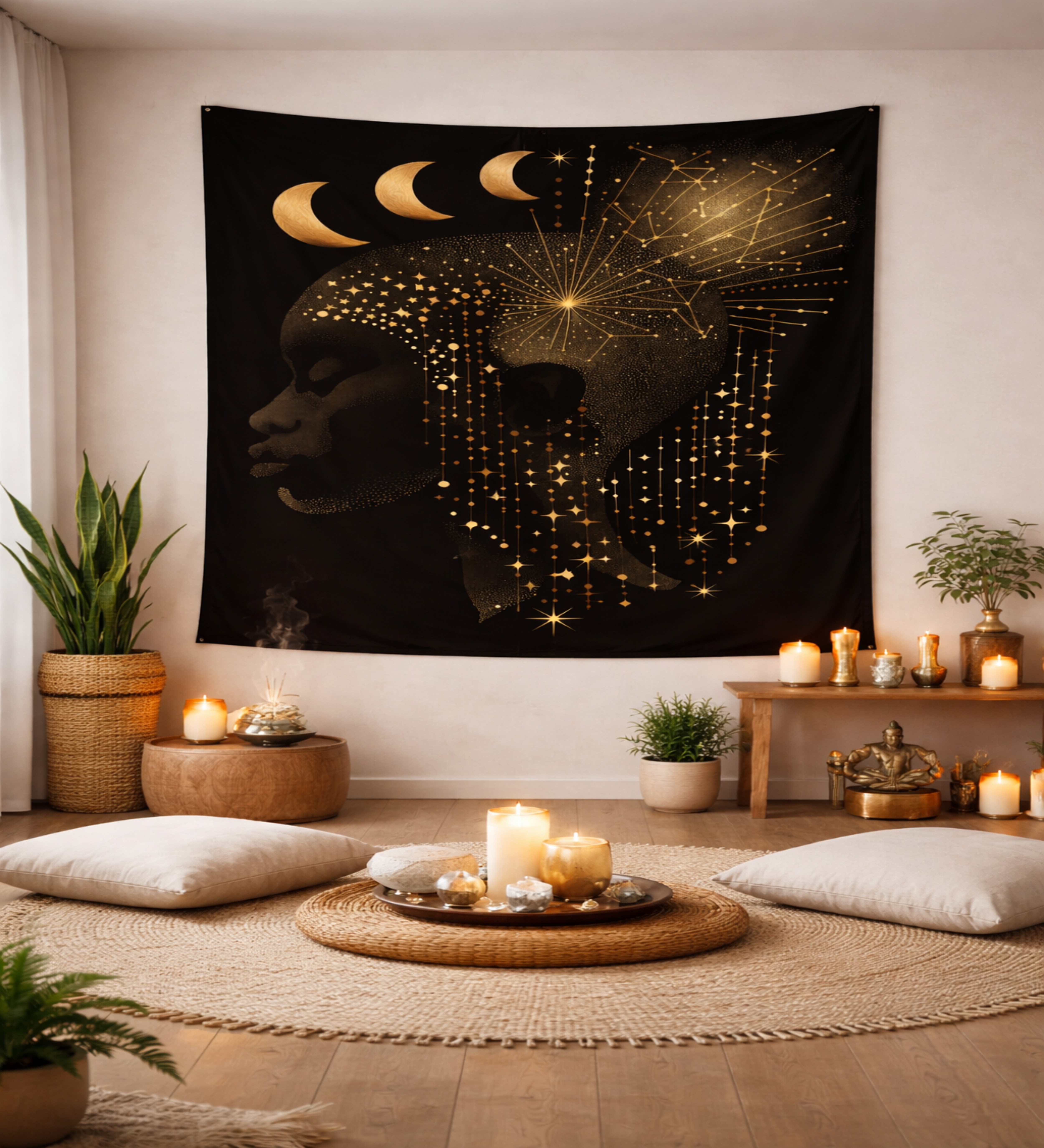 Celestial Goddess Wall Tapestry — Golden Moon Phases &amp; Star Shower Decor