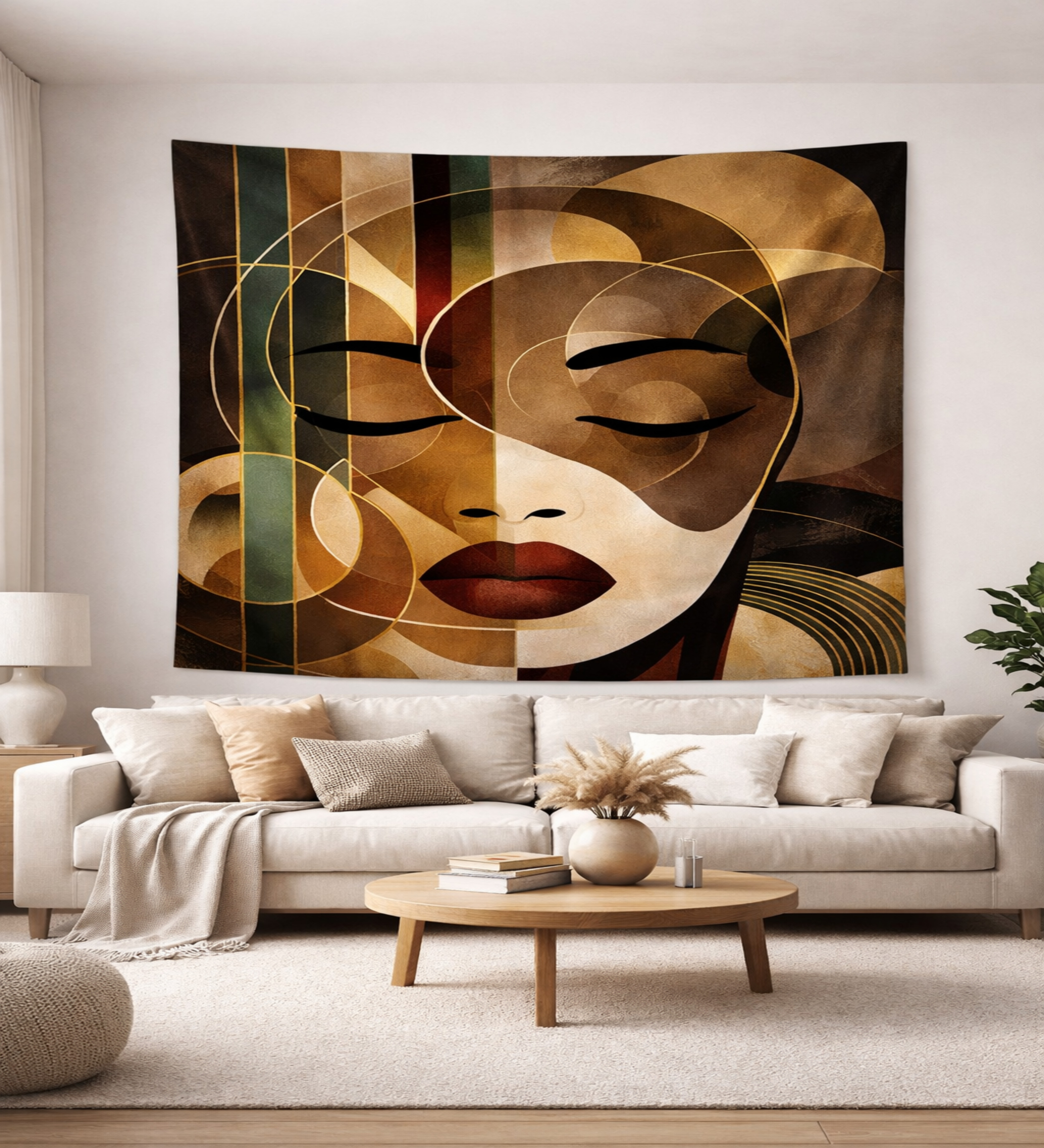Abstract Afrocentric Wall Tapestry — Geometric Face Art for Living Room, Bedroom Decor