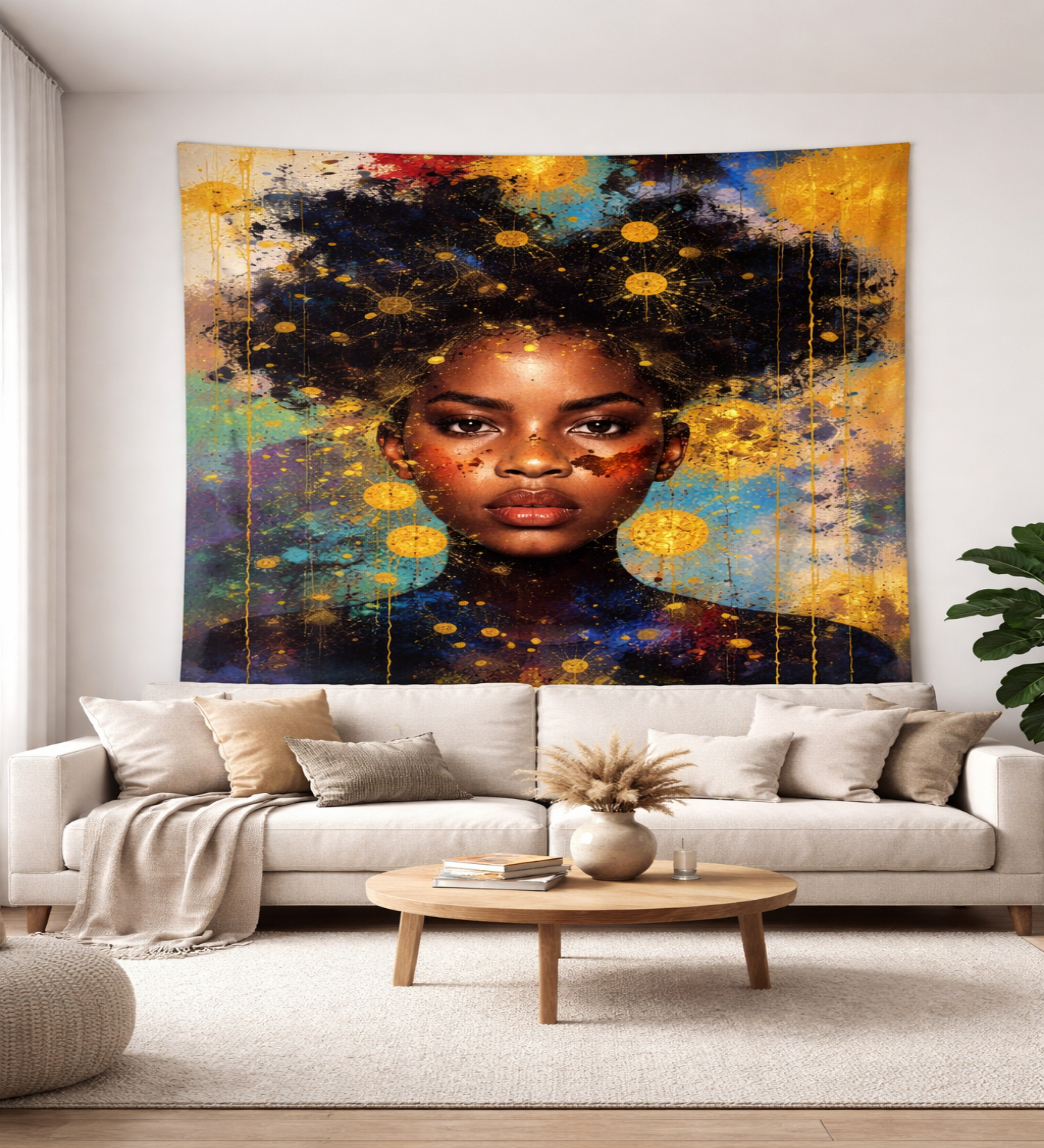 Afrofuturist Portrait Wall Tapestry — Golden Cosmos Art for Living Room & Bedroom product thumbnail image Afrofuturist Portrait Wall Tapestry — Golden Cosmos Art for Living Room & Bedroom product thumbnail image