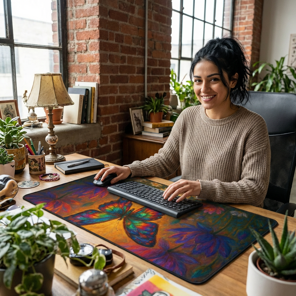 Butterfly Garden Desk Mat — Colorful Floral Mouse Pad for Office & Home product thumbnail image Butterfly Garden Desk Mat — Colorful Floral Mouse Pad for Office & Home product thumbnail image