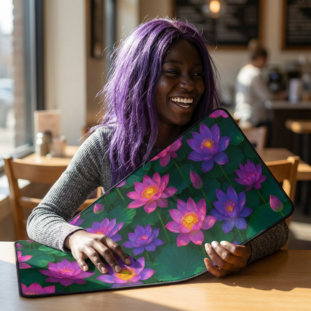 Lotus Bloom Desk Mat — Vibrant Purple Floral Mouse Pad for Home Office