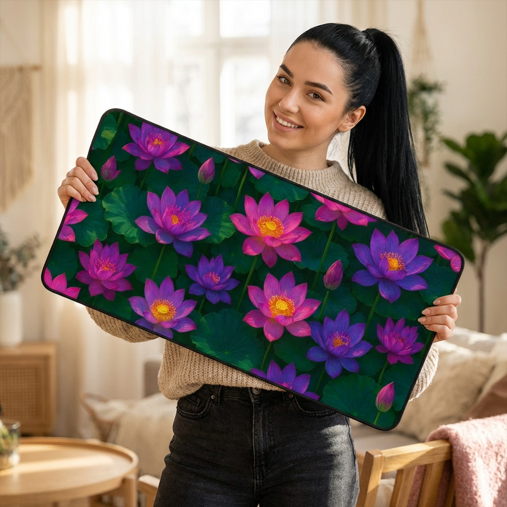 Lotus Bloom Desk Mat — Vibrant Purple Floral Mouse Pad for Home Office product thumbnail image