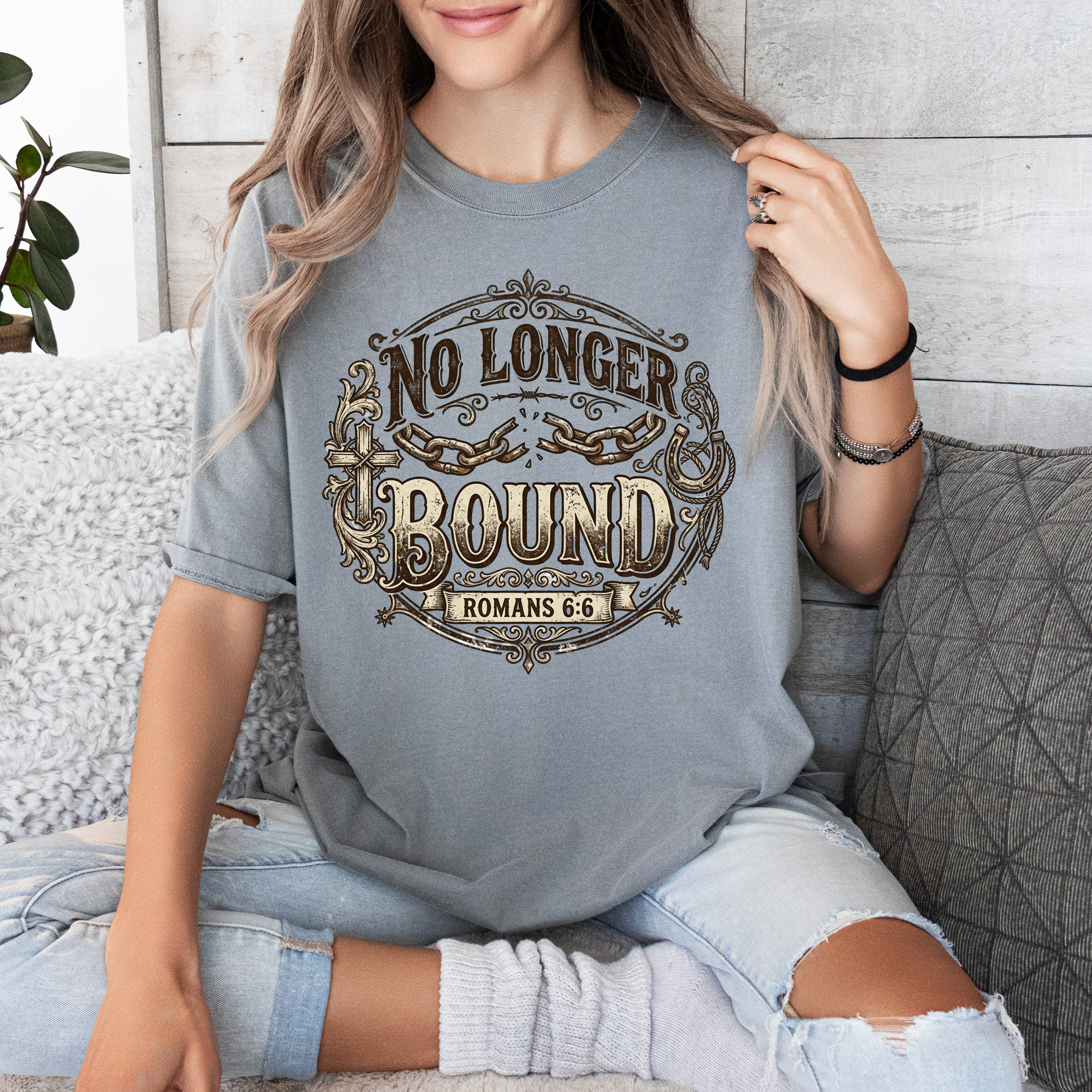 No Longer Bound — Romans 6:6 Christian Faith Graphic Tee product thumbnail image