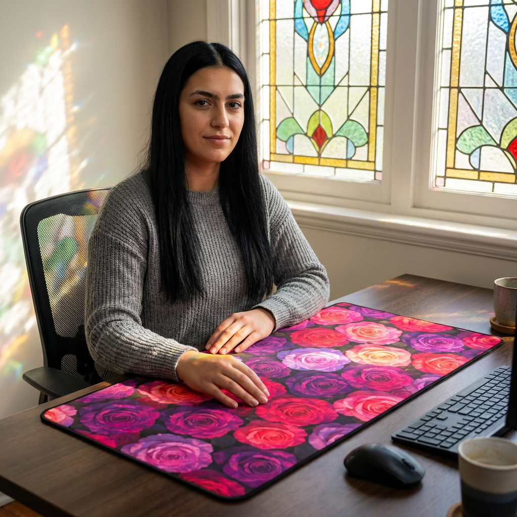 Rose Garden Desk Mat — Vibrant Pink &amp; Purple Floral Mouse Pad