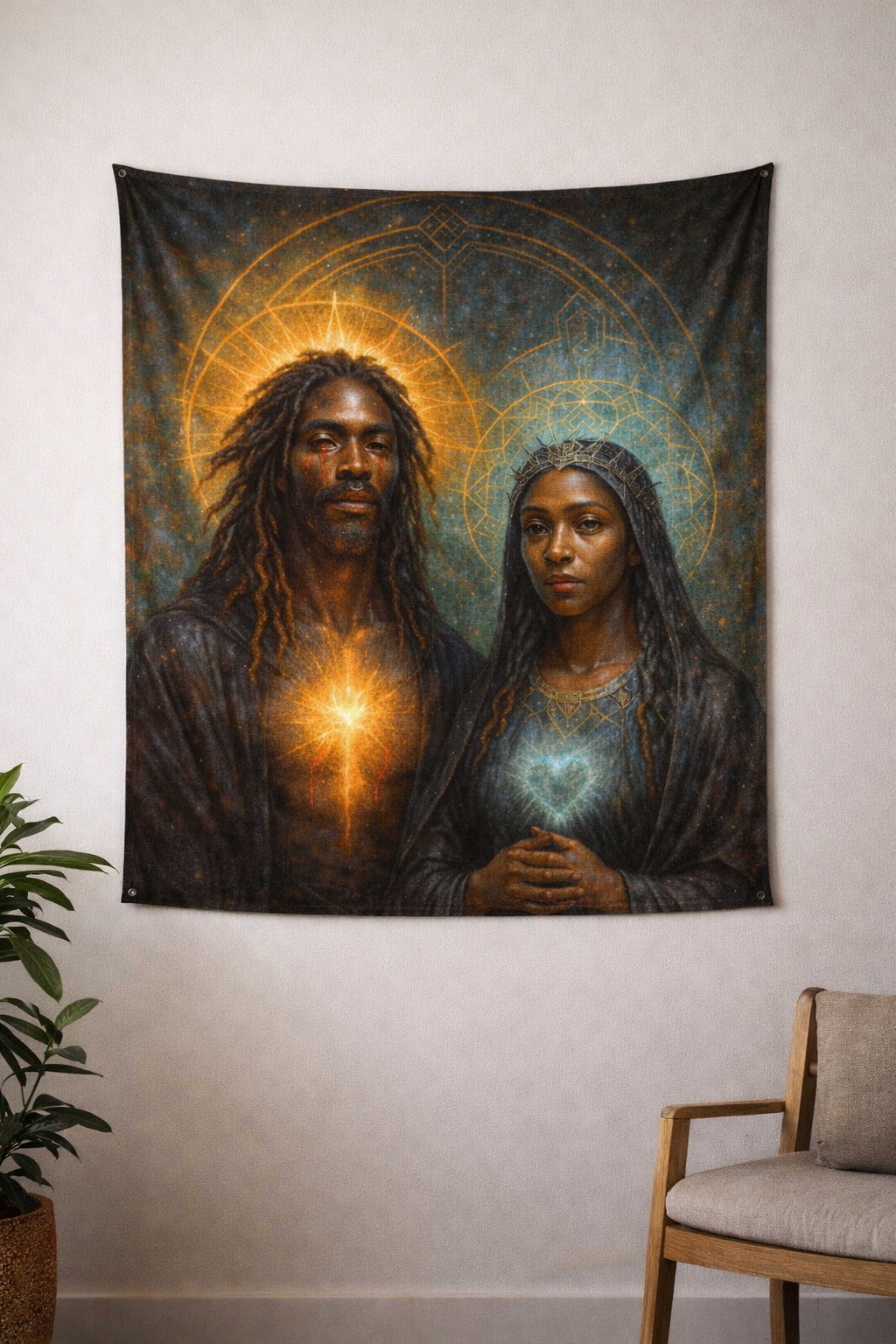 Sacred Heart Couple Woven Tapestry — Spiritual Black Madonna &amp; Christ Art