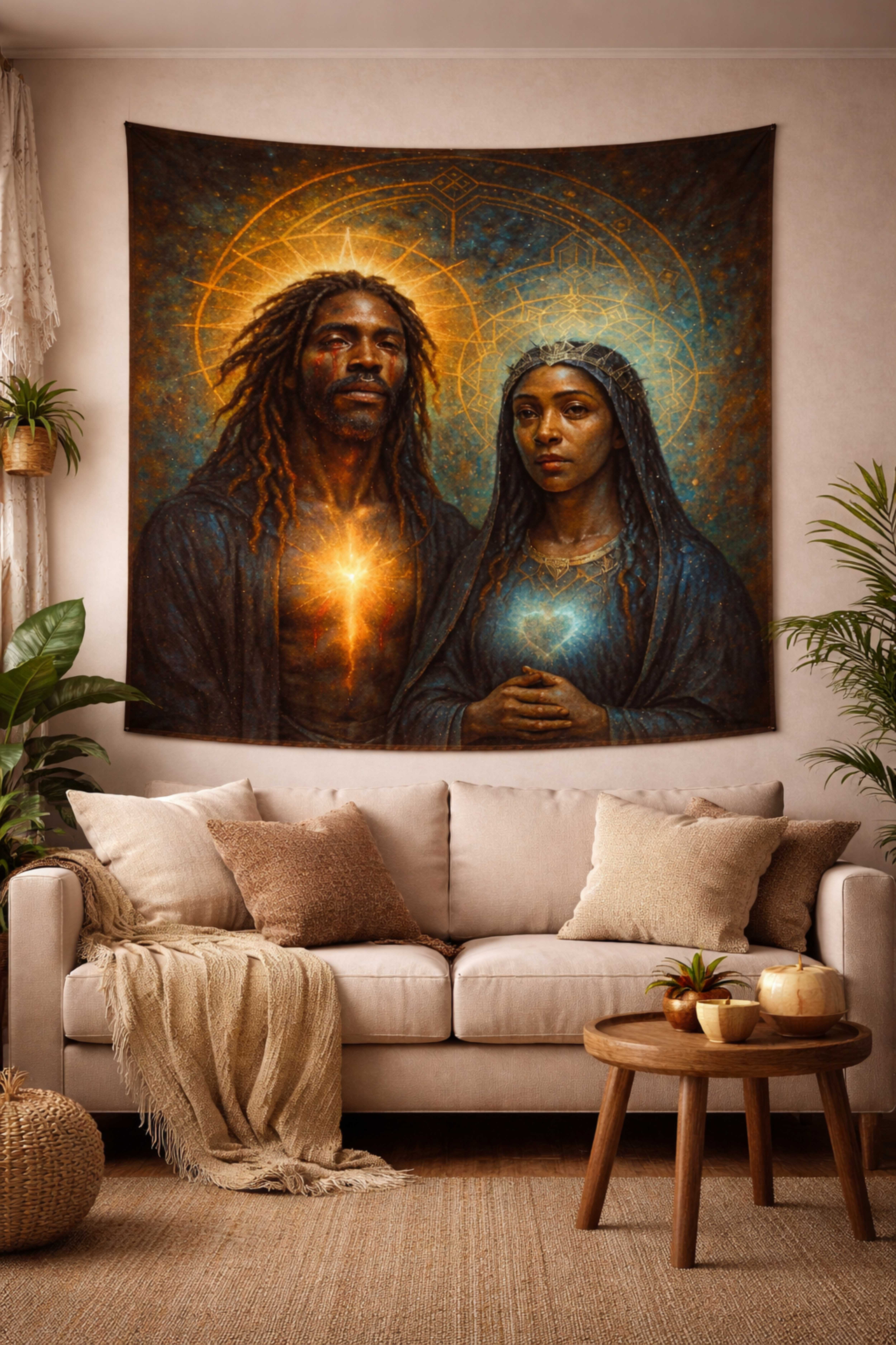 Sacred Heart Couple Woven Tapestry — Spiritual Black Madonna &amp; Christ Art product thumbnail image