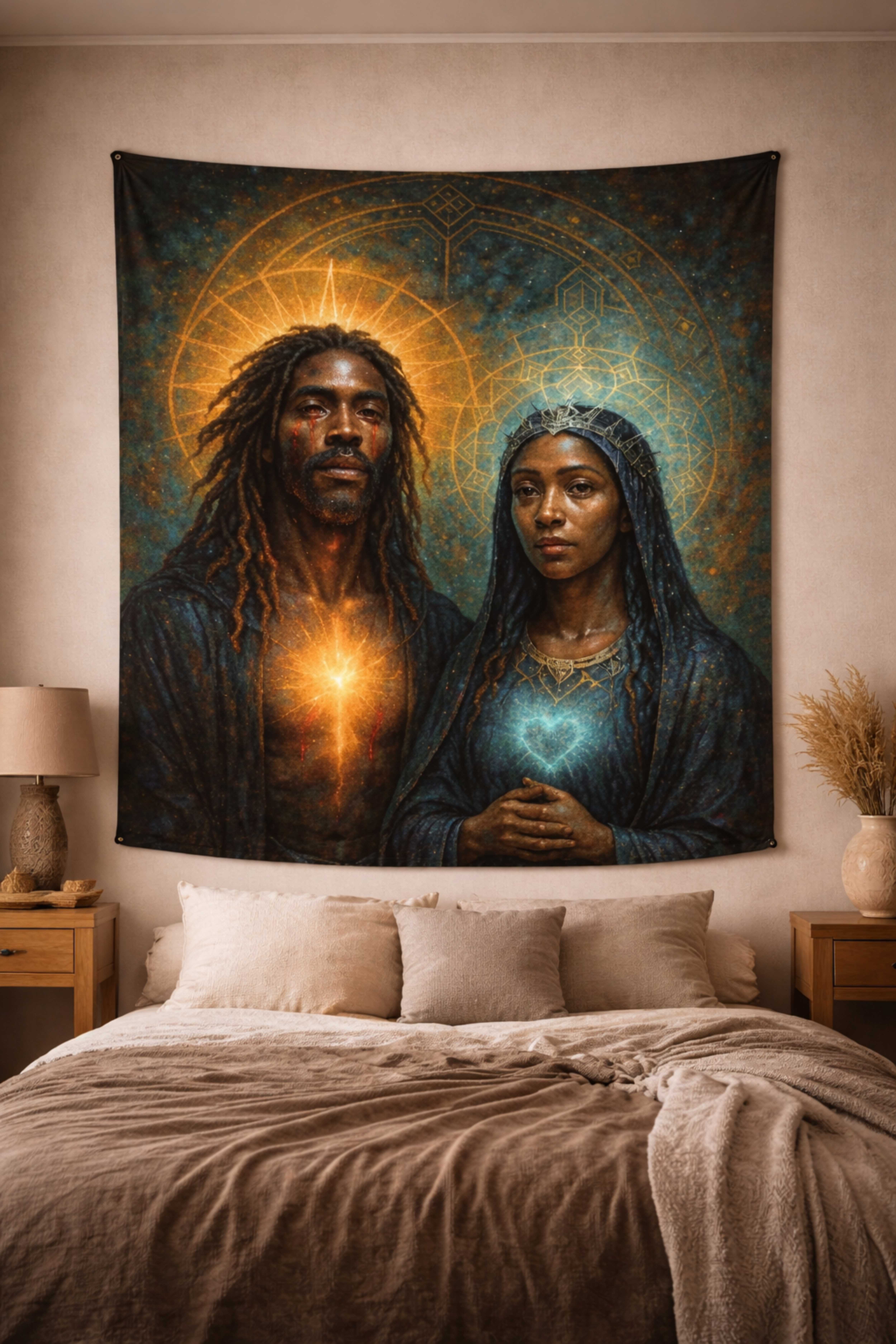 Sacred Heart Couple Woven Tapestry — Spiritual Black Madonna &amp; Christ Art product thumbnail image