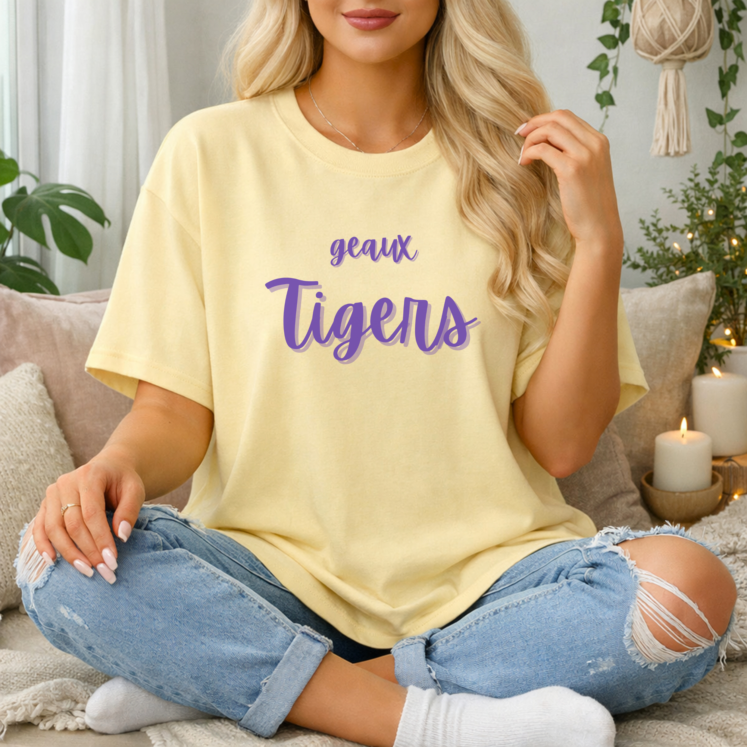 T-Shirt — Geaux Tigers Script Graphic (Purple on Pale Yellow) product thumbnail image