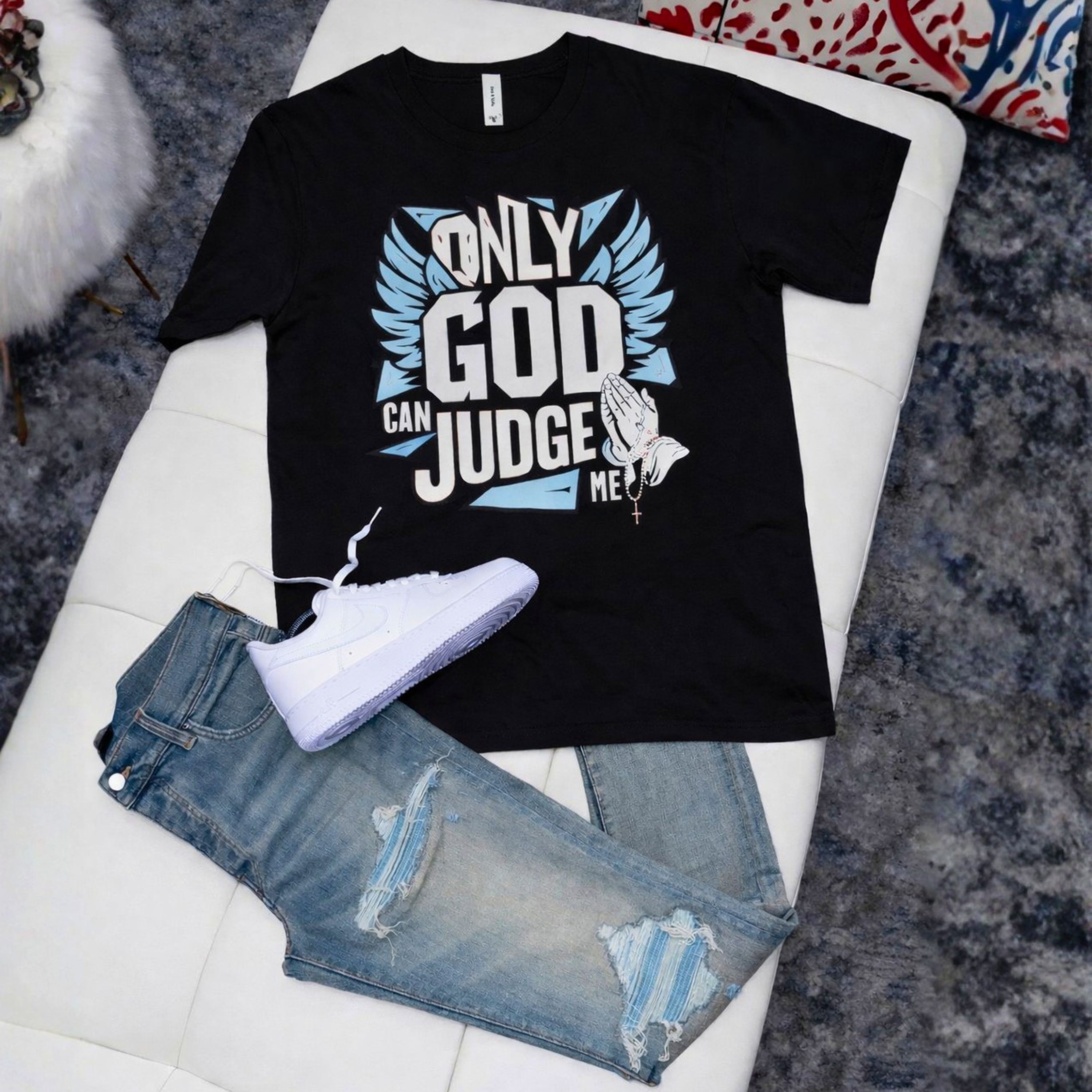 Unisex "Only God Can Judge Me" White/Black/Ice Blue Staple Tee product thumbnail image Unisex "Only God Can Judge Me" White/Black/Ice Blue Staple Tee product thumbnail image