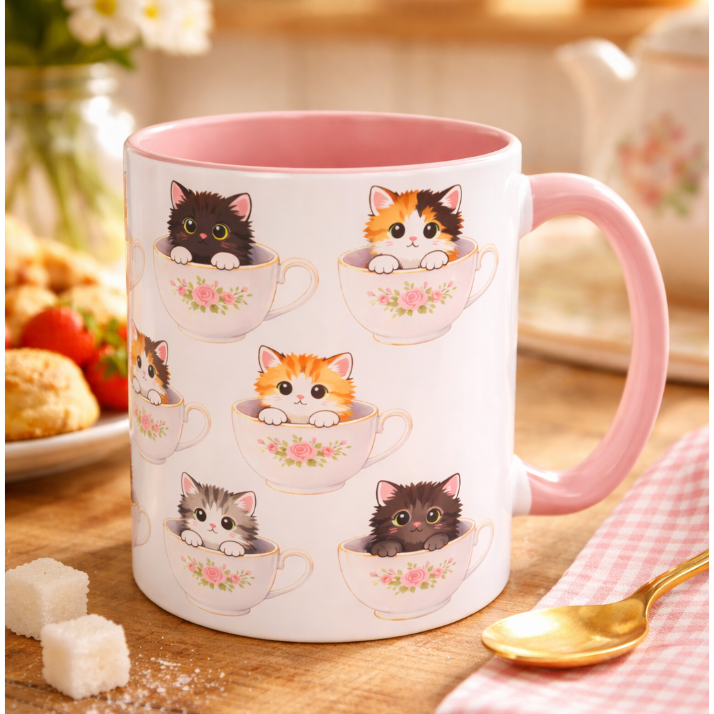 Tea Cup Kitten Pattern Ceramic Mug, Cat Lover Gift, Cottagecore product thumbnail image
