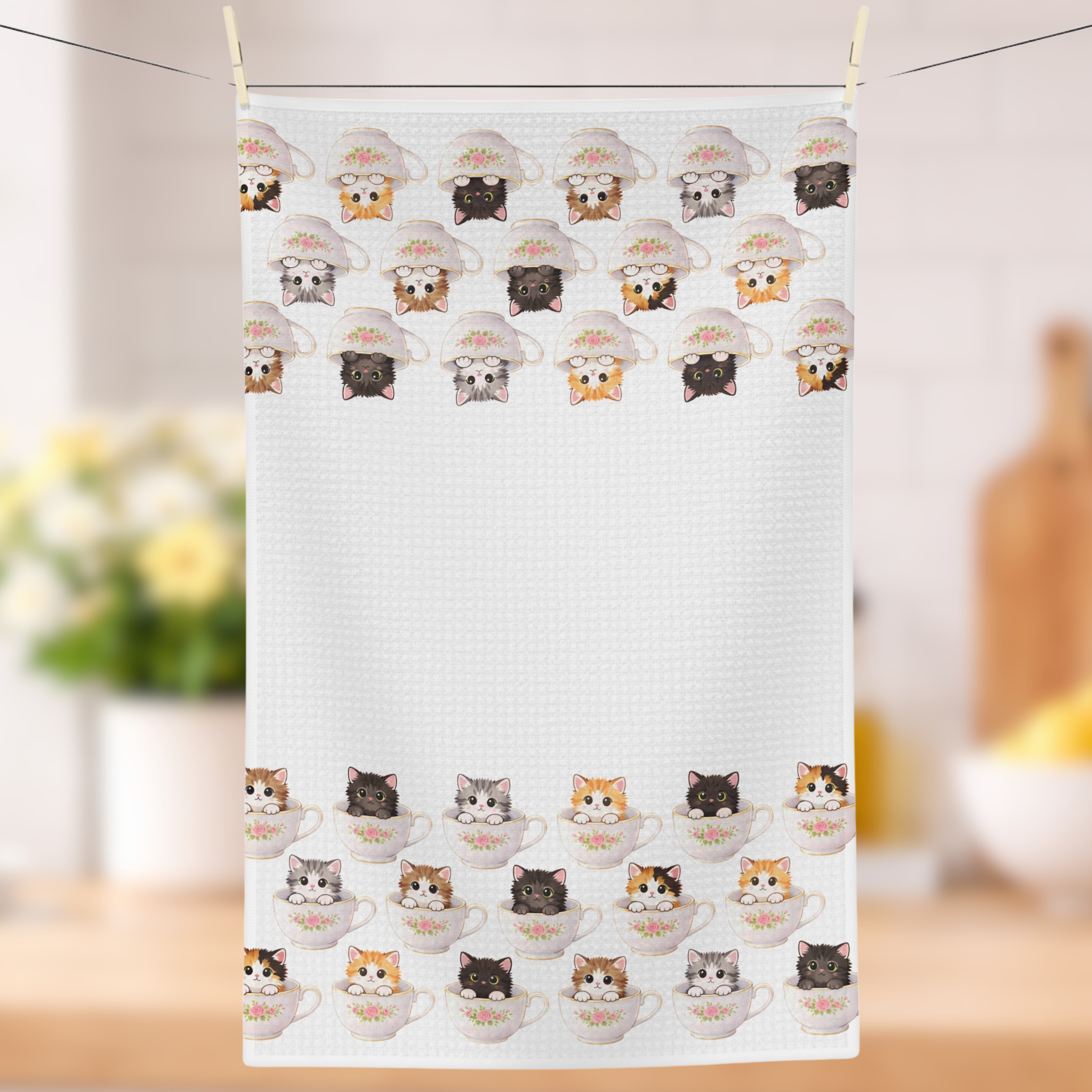 Cute Cat Tea Cup Kitchen Towel | Cottagecore Cat Kitchen Decor | Cat Lover Gift | Cute Cat Dish Towel | Farmhouse Kitchen Towel