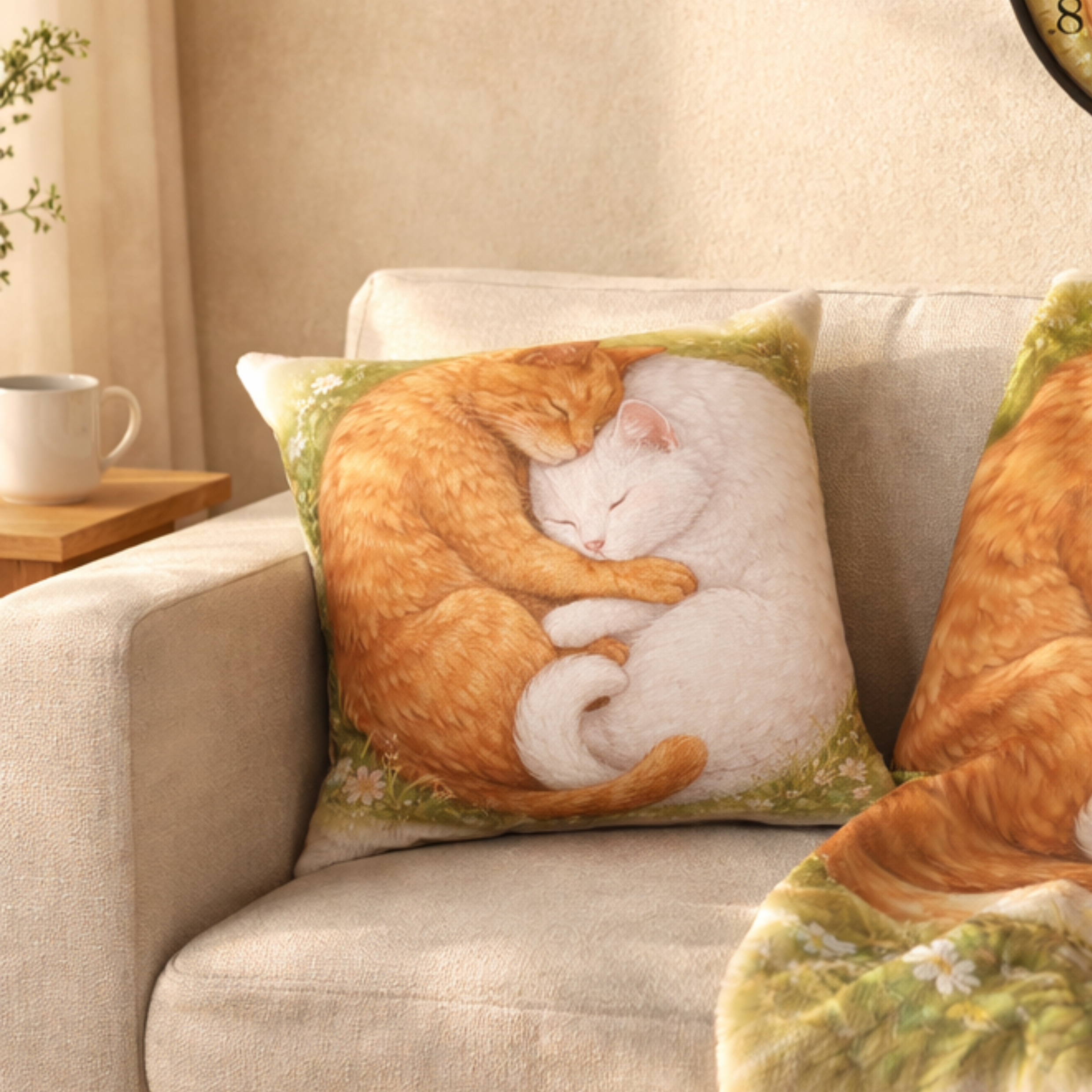 Yin Yang Sleeping Cats Pillow, Orange White Cat Accent, Cozy Cottagecore Gift