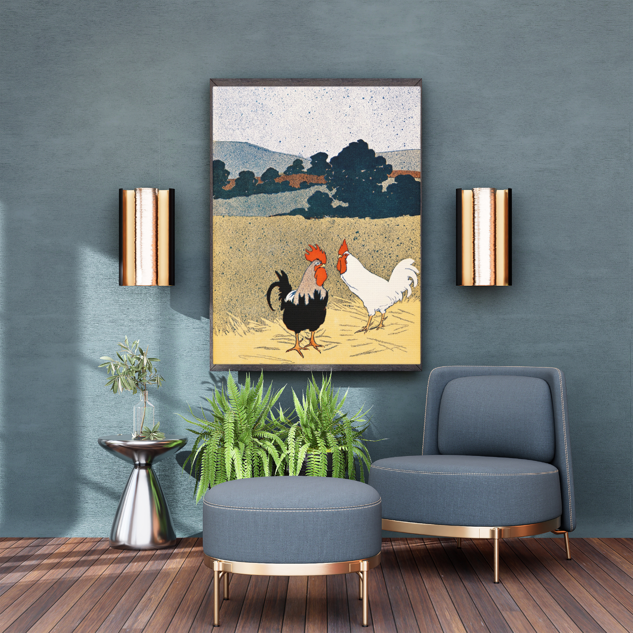 Cottage Core Roosters Canvas Print — Edward Penfield Farm Field Artwork, Matte Stretched 1.25" product thumbnail image