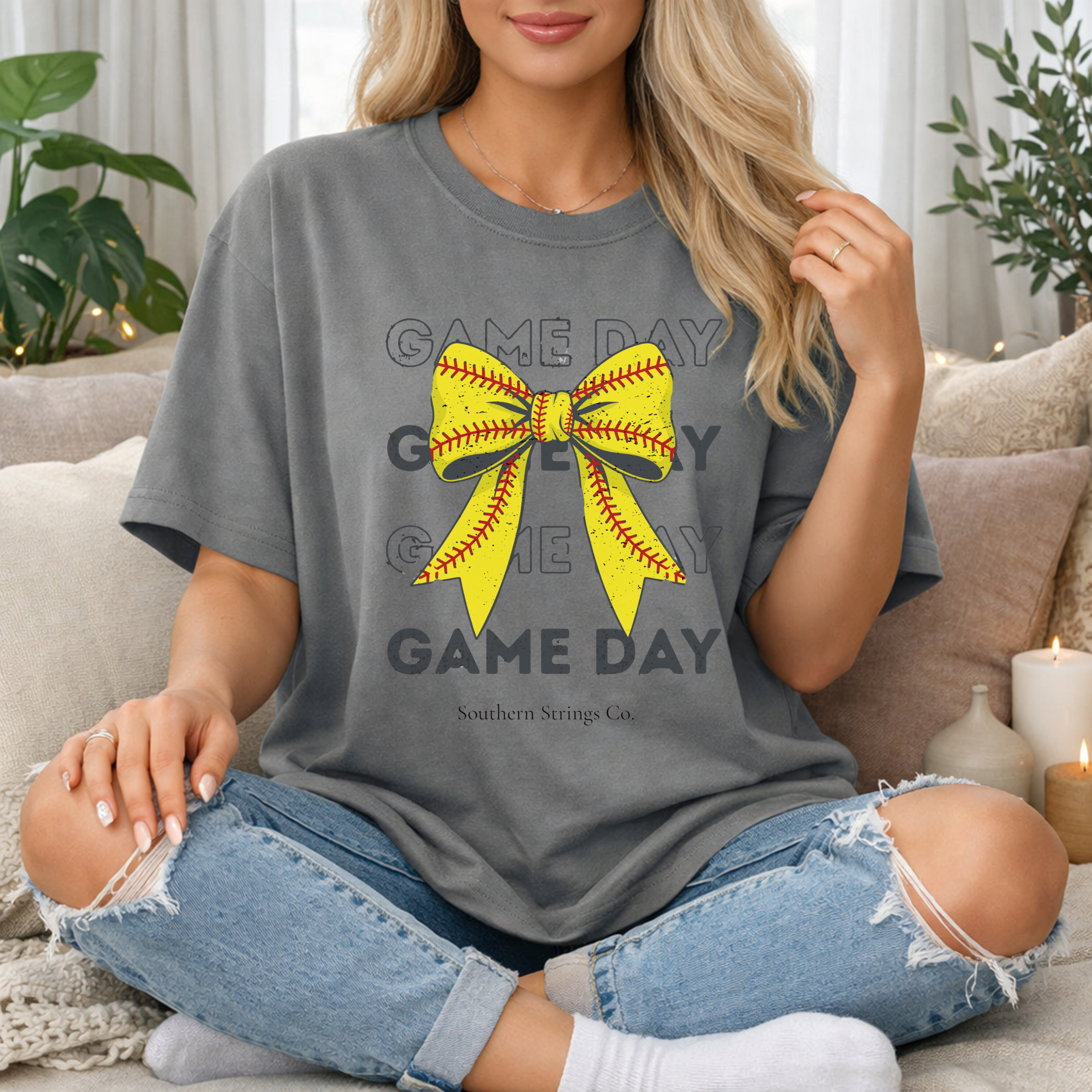 Game Day Softball T-Shirt — Yellow Softball Bow Design