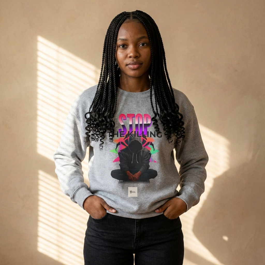 STOP THE KILLING Crewneck Sweatshirt | LOVE Back Graphic | Anti-Violence Message | Gildan 18000 Unisex Heavy Blend | LifeCoachDesigns.shop Exclusive