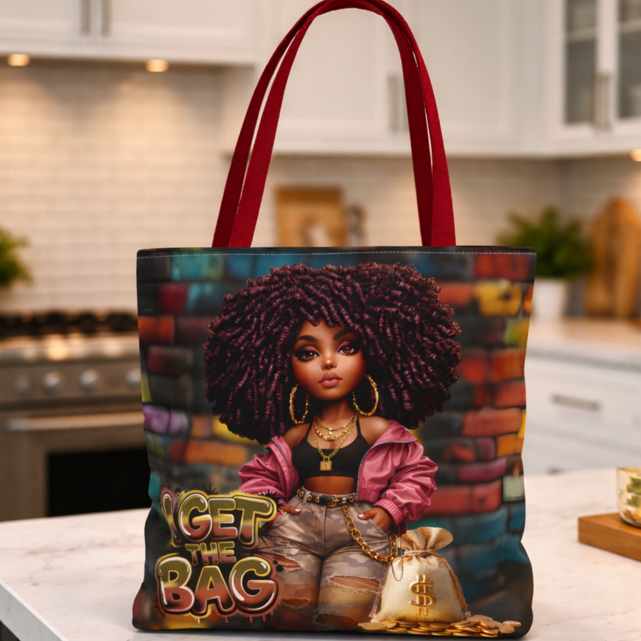 I Get The Bag Tote Bag — Afrocentric Fashionable Girl Graphic Tote product thumbnail image I Get The Bag Tote Bag — Afrocentric Fashionable Girl Graphic Tote product thumbnail image