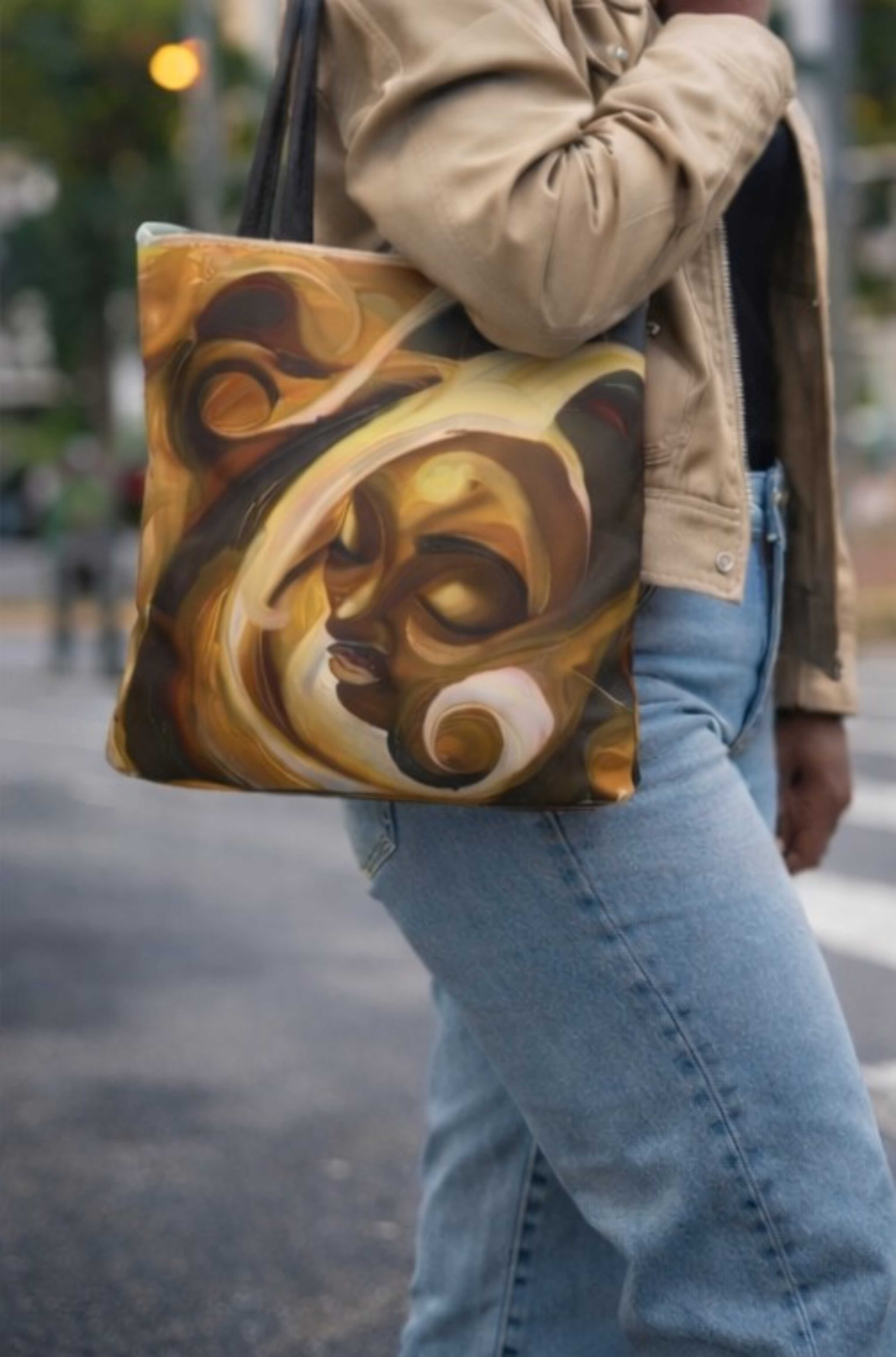 Abstract Golden Muse Tote Bag — Artistic Swirl Face All-Over Print Tote product thumbnail image