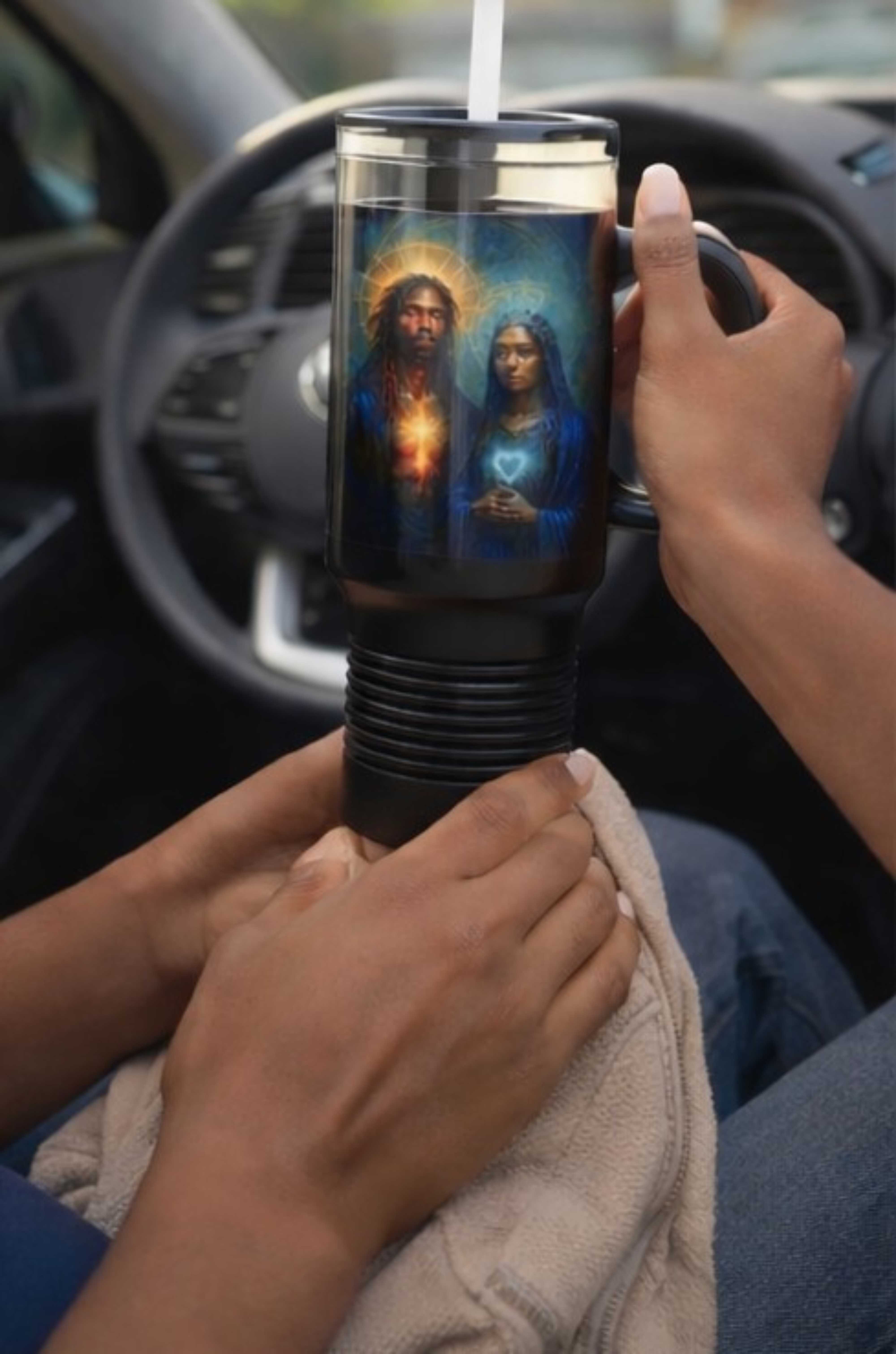 40oz Insulated Travel Mug — Sacred Heart Jesus & Mary Devotional Design product thumbnail image 40oz Insulated Travel Mug — Sacred Heart Jesus & Mary Devotional Design product thumbnail image