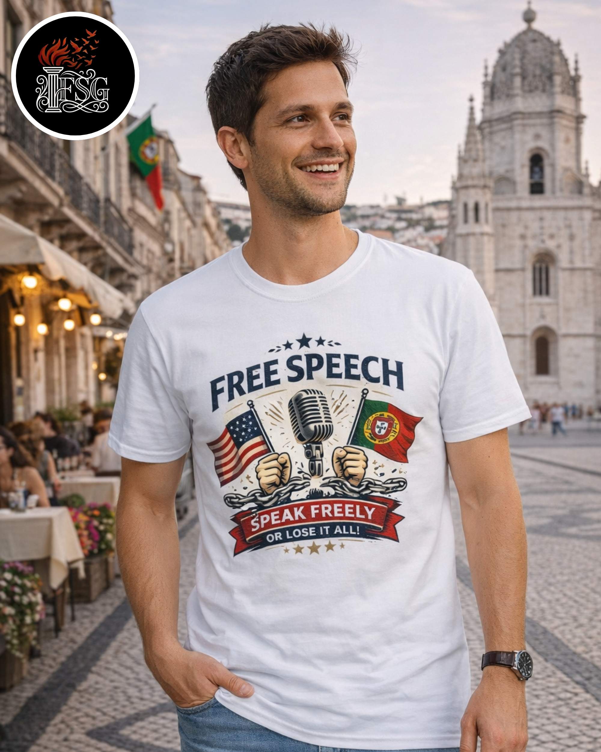 Free Speech T-Shirt – Speak Freely or Lose It All | Patriotic USA &amp; Portugal Graphic Tee product thumbnail image