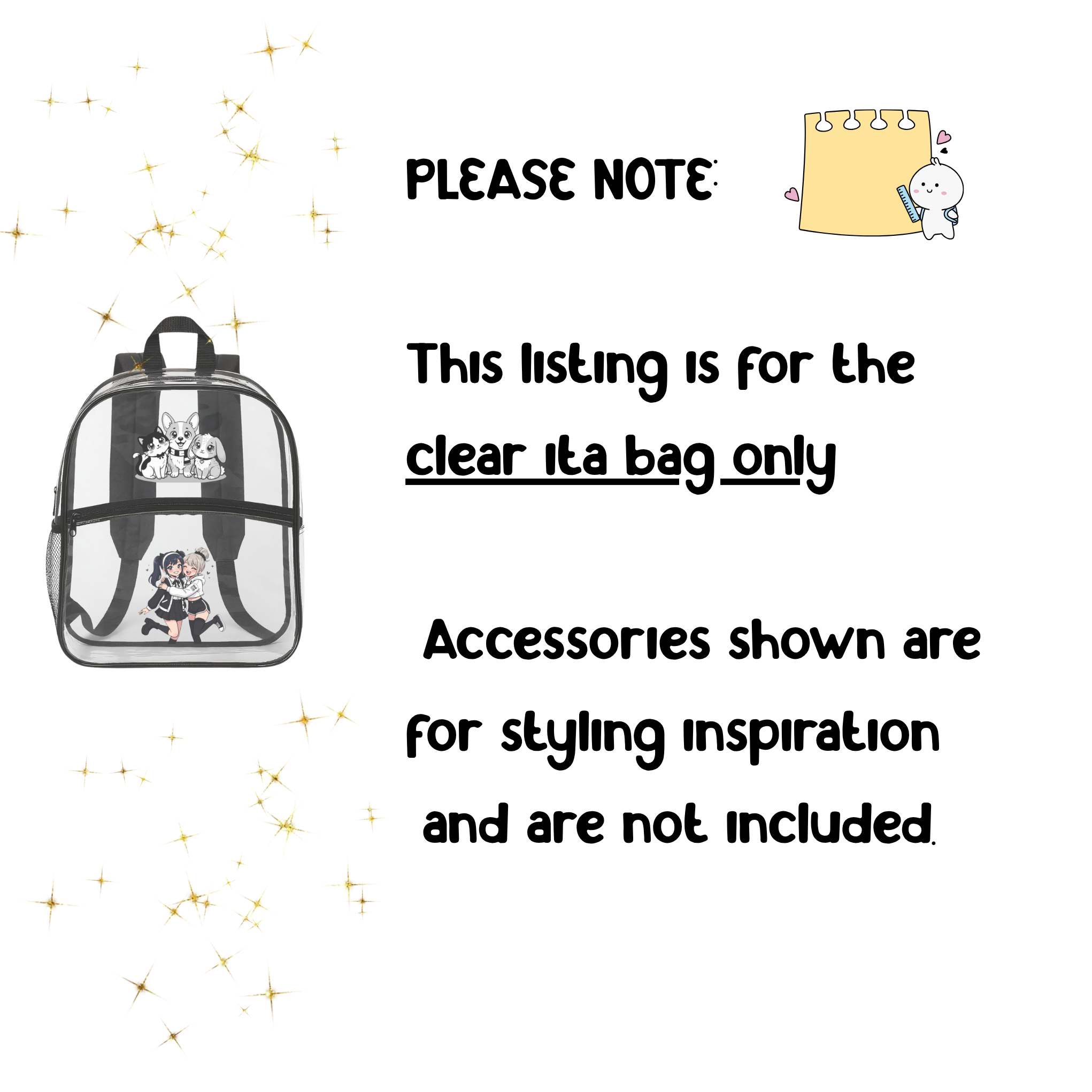 Clear Ita Bag Backpack – Anime Ita Bag for Pins, Plush & Charms – Kawaii Anime Backpack, Design Your Own product thumbnail image Clear Ita Bag Backpack – Anime Ita Bag for Pins, Plush & Charms – Kawaii Anime Backpack, Design Your Own product thumbnail image