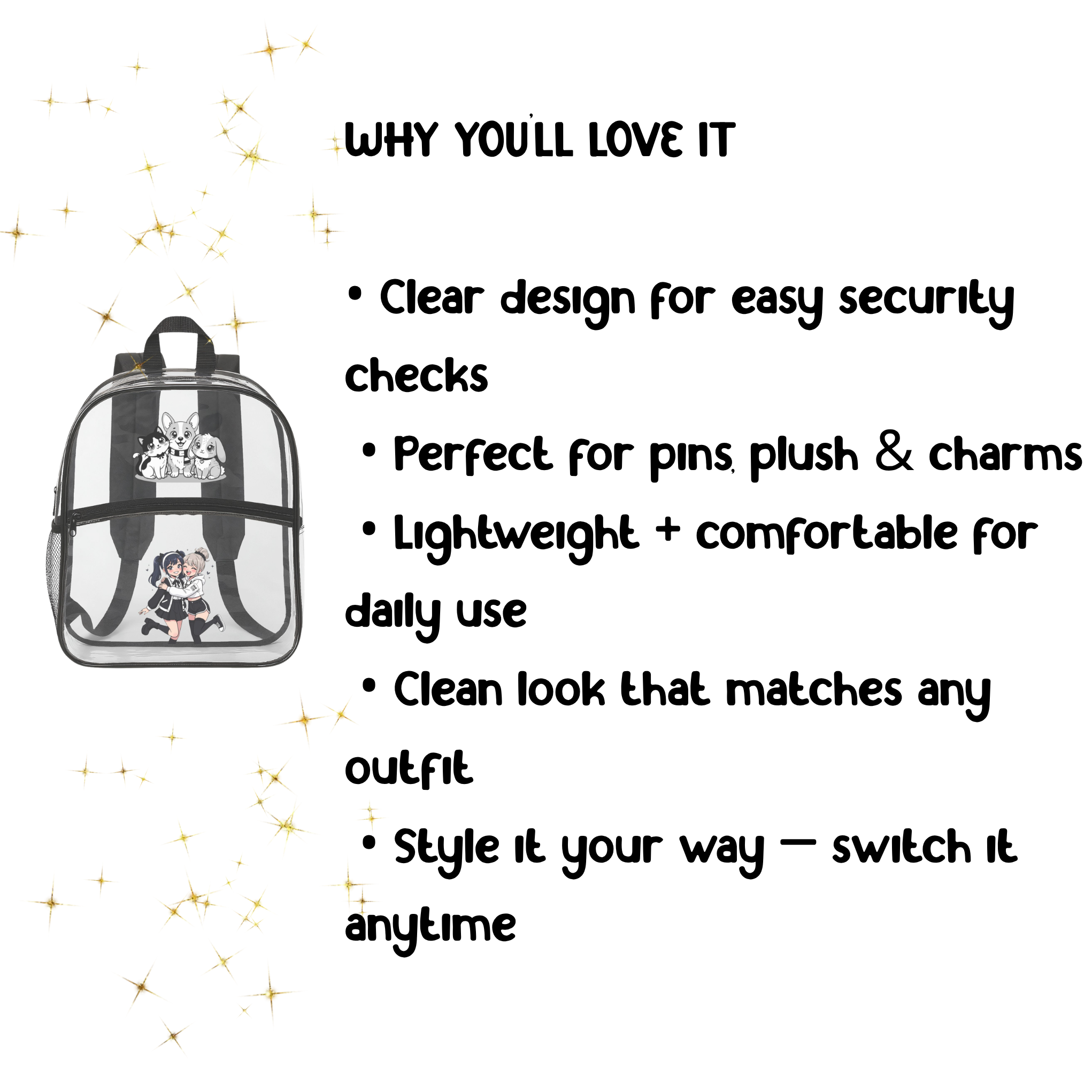 Clear Ita Bag Backpack – Anime Ita Bag for Pins, Plush & Charms – Kawaii Anime Backpack, Design Your Own product thumbnail image Clear Ita Bag Backpack – Anime Ita Bag for Pins, Plush & Charms – Kawaii Anime Backpack, Design Your Own product thumbnail image