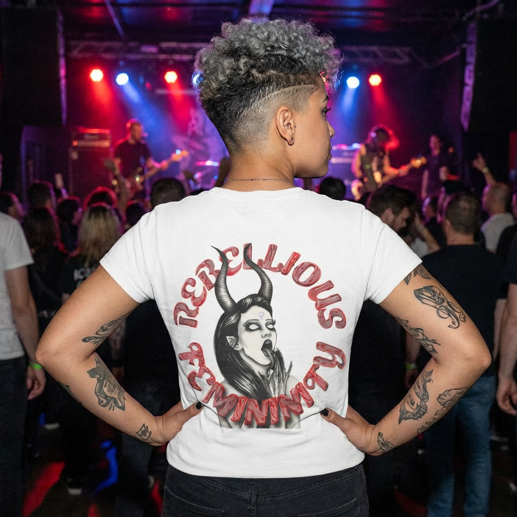 Rebellious Femininity Devil Girl T-shirt | Occult Illustration, Chest Logo