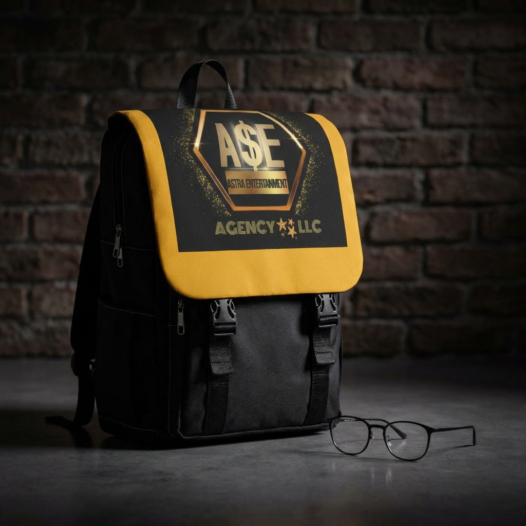 Agency LLC Logo Backpack — AE Gold Emblem Casual Shoulder Backpack product thumbnail image Agency LLC Logo Backpack — AE Gold Emblem Casual Shoulder Backpack product thumbnail image