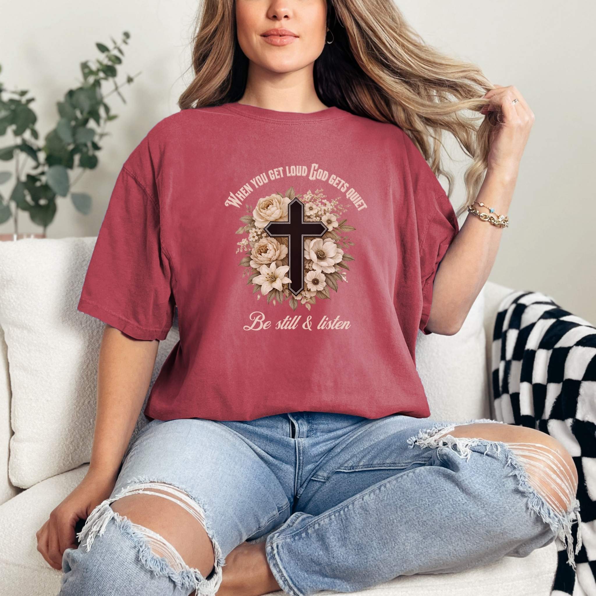 When You Get Loud, God Gets Quiet | Cross + Cream Vintage Floral Shirt – Christian Graphic Tee (Comfort Colors 1717)