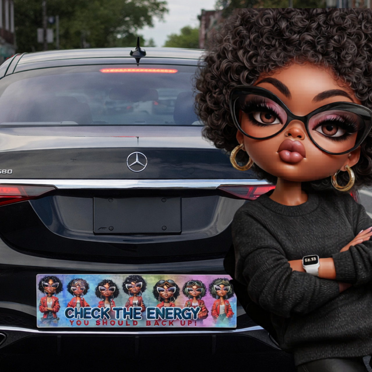 Bumper Sticker — "Check The Energy: You Should Back Up!" Colorful Afro Girl Cartoon Decal