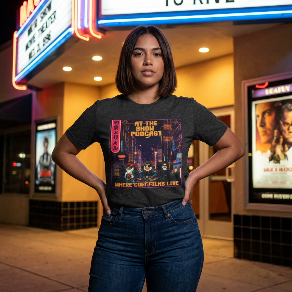 8-Bit At The Show Podcast Shirt – Retro Cult Film Tee Featuring The Crow, Jack Burton &amp; Snake Plissken | Vintage Arcade Style Movie Shirt product thumbnail image