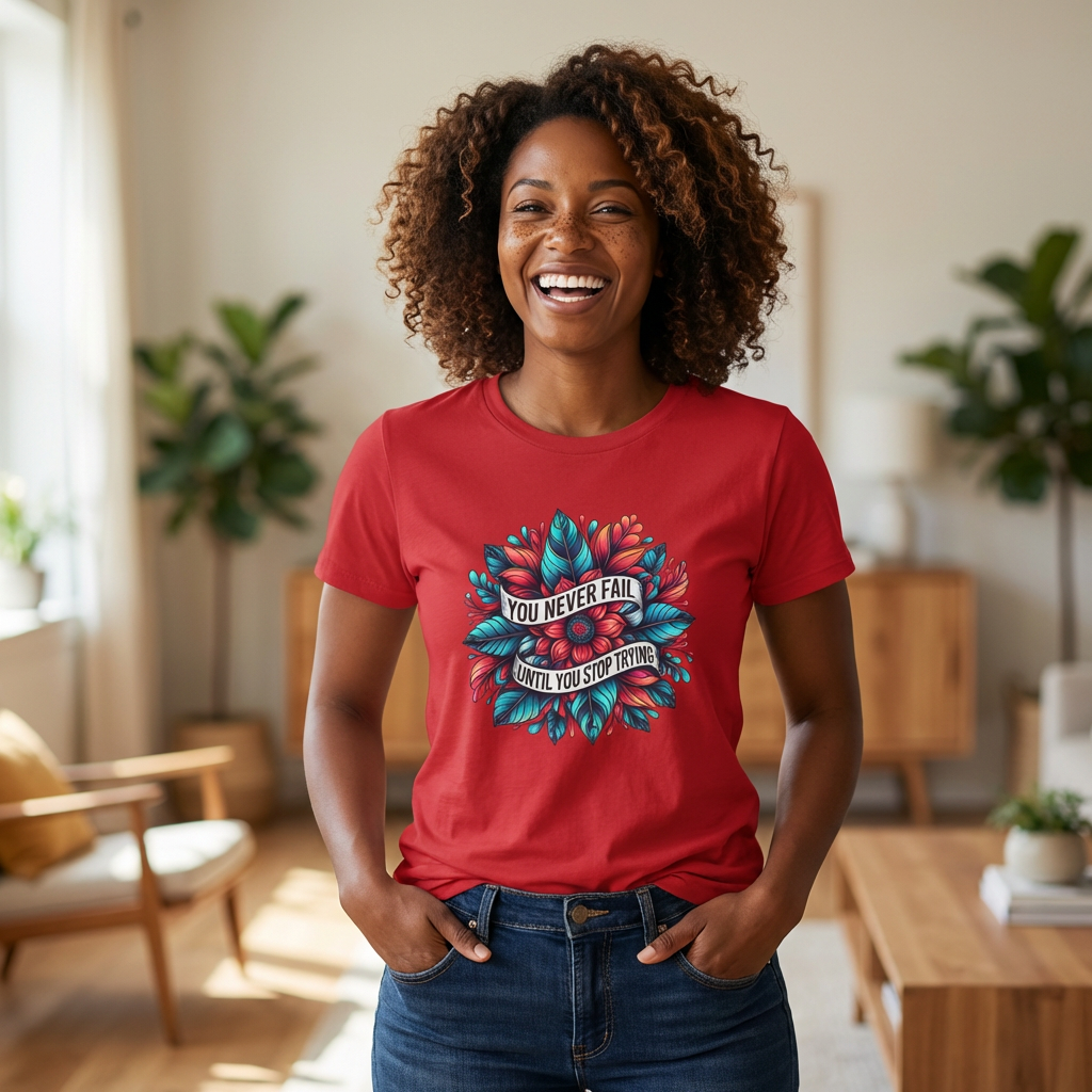 Motivational Floral T-Shirt — "You Never Fail Until You Stop Trying" product thumbnail image