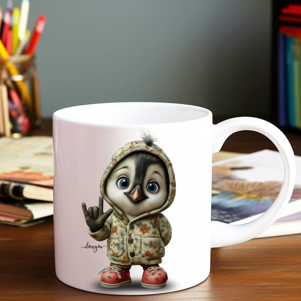 ASL ILY "I Love You" Coffee Mug - Vintage Penguin Bird Illustration Ceramic Mug (11oz, 15oz) product thumbnail image