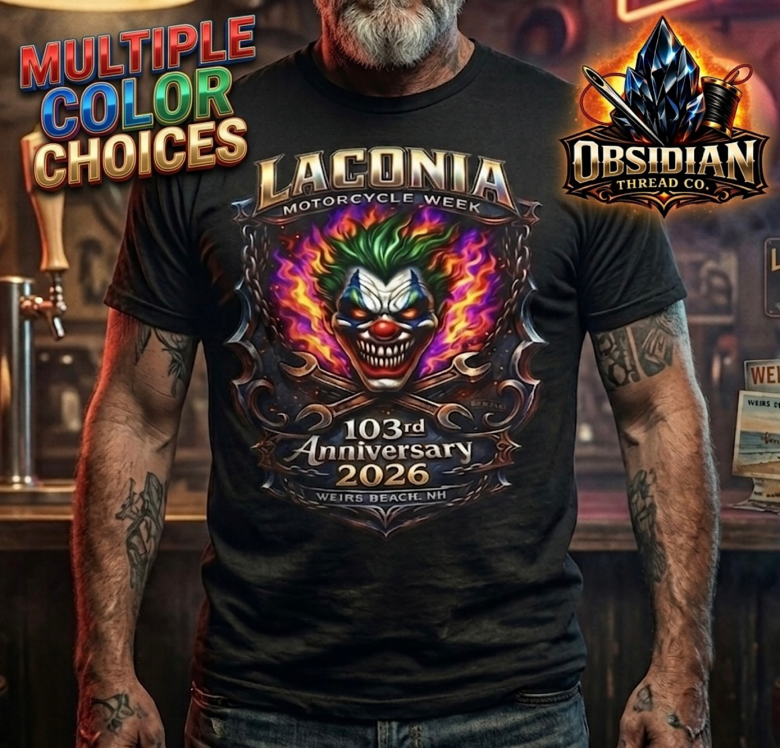 Laconia Motorcycle Week 2026 Shirt 103rd Anniversary Bike Week  NH Skull Flames