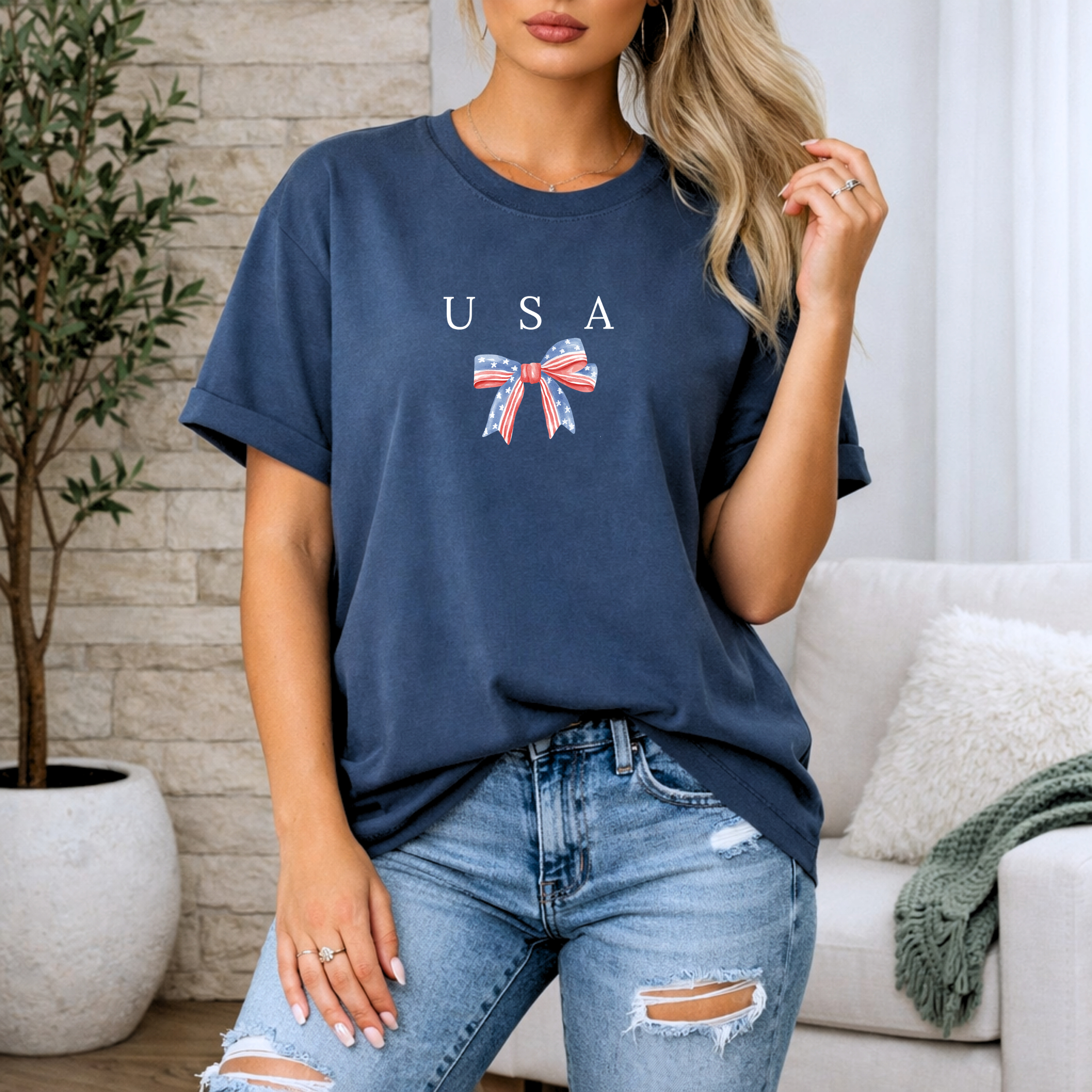 Patriotic Ribbon Tee — Red, White & Blue Bow Graphic T-Shirt product thumbnail image Patriotic Ribbon Tee — Red, White & Blue Bow Graphic T-Shirt product thumbnail image